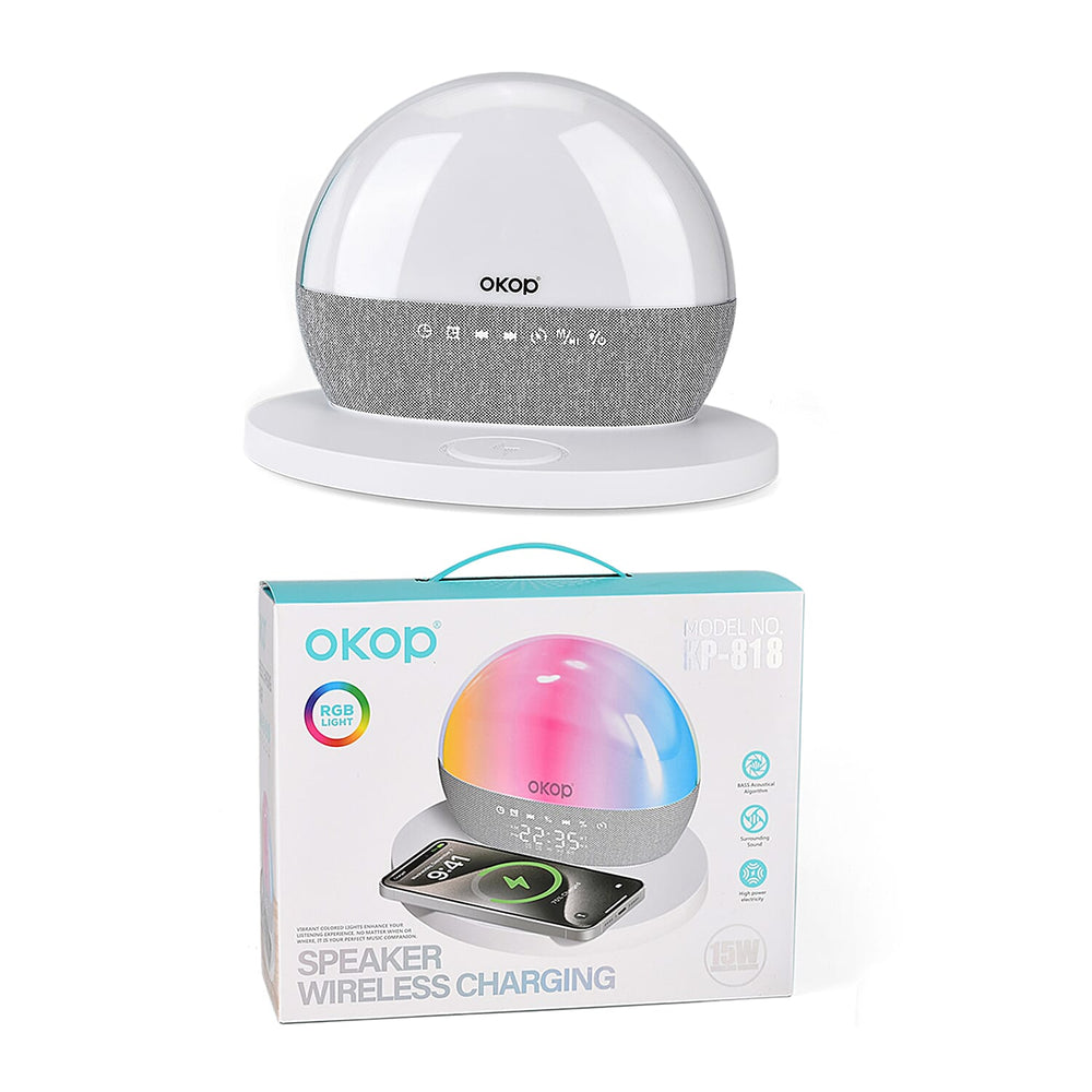 Wireless White Noise Sleep Aid Hub - Wireless Charging, Surround Sound Speakers, RGB Light Feature, FM Radio, Alarm Clock - White