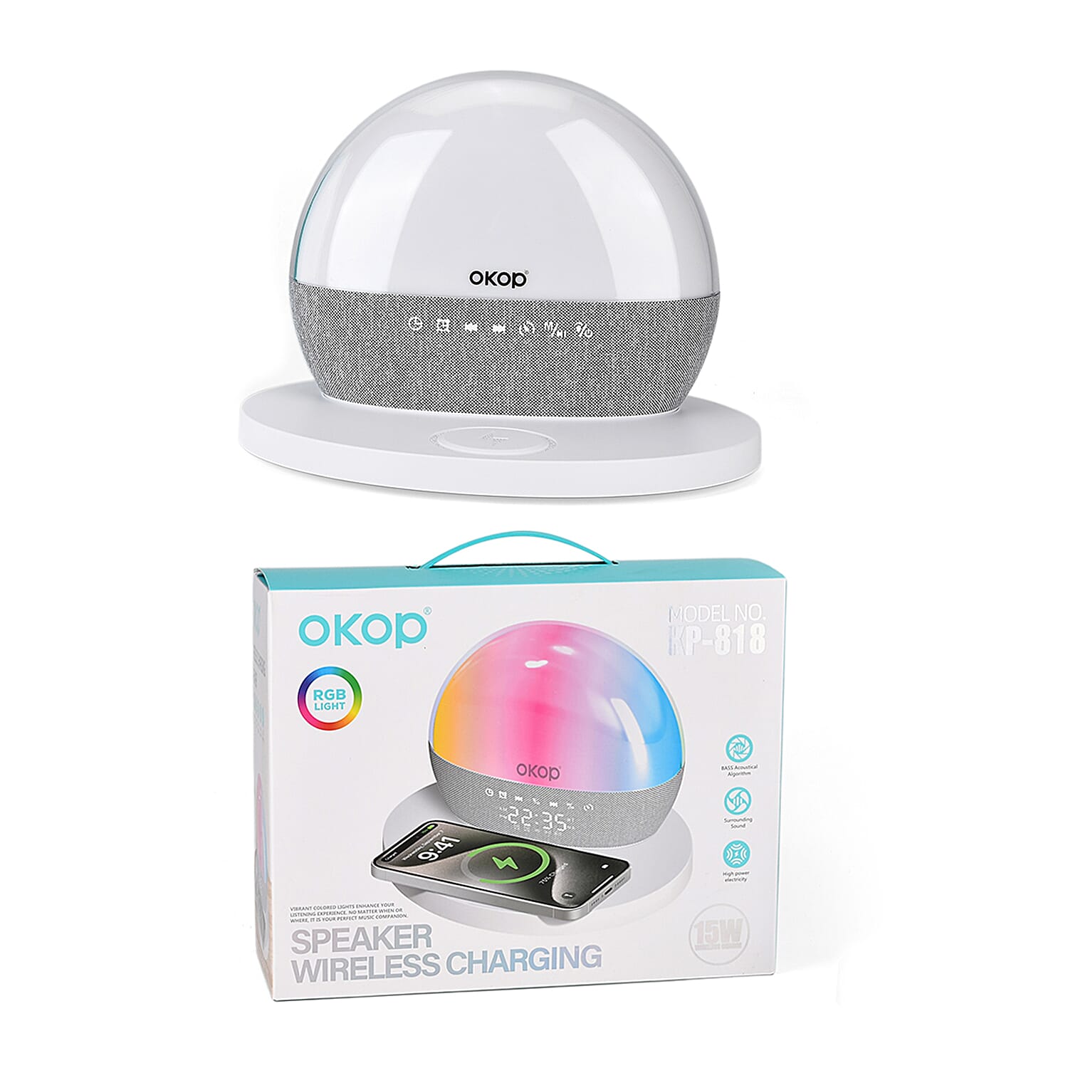 Wireless White Noise Sleep Aid Hub - Wireless Charging, Surround Sound Speakers, RGB Light Feature, FM Radio, Alarm Clock - White