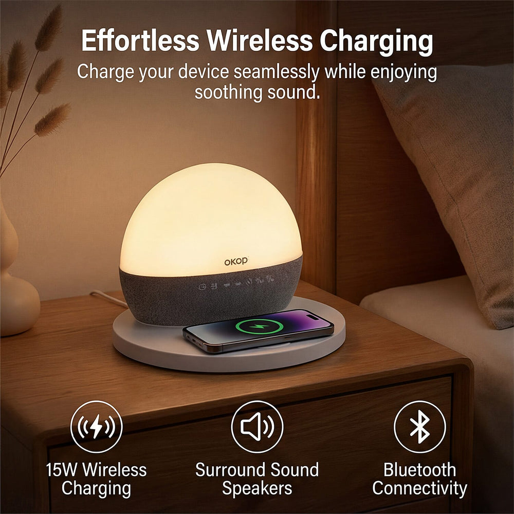 Wireless White Noise Sleep Aid Hub - Wireless Charging, Surround Sound Speakers, RGB Light Feature, FM Radio, Alarm Clock - White