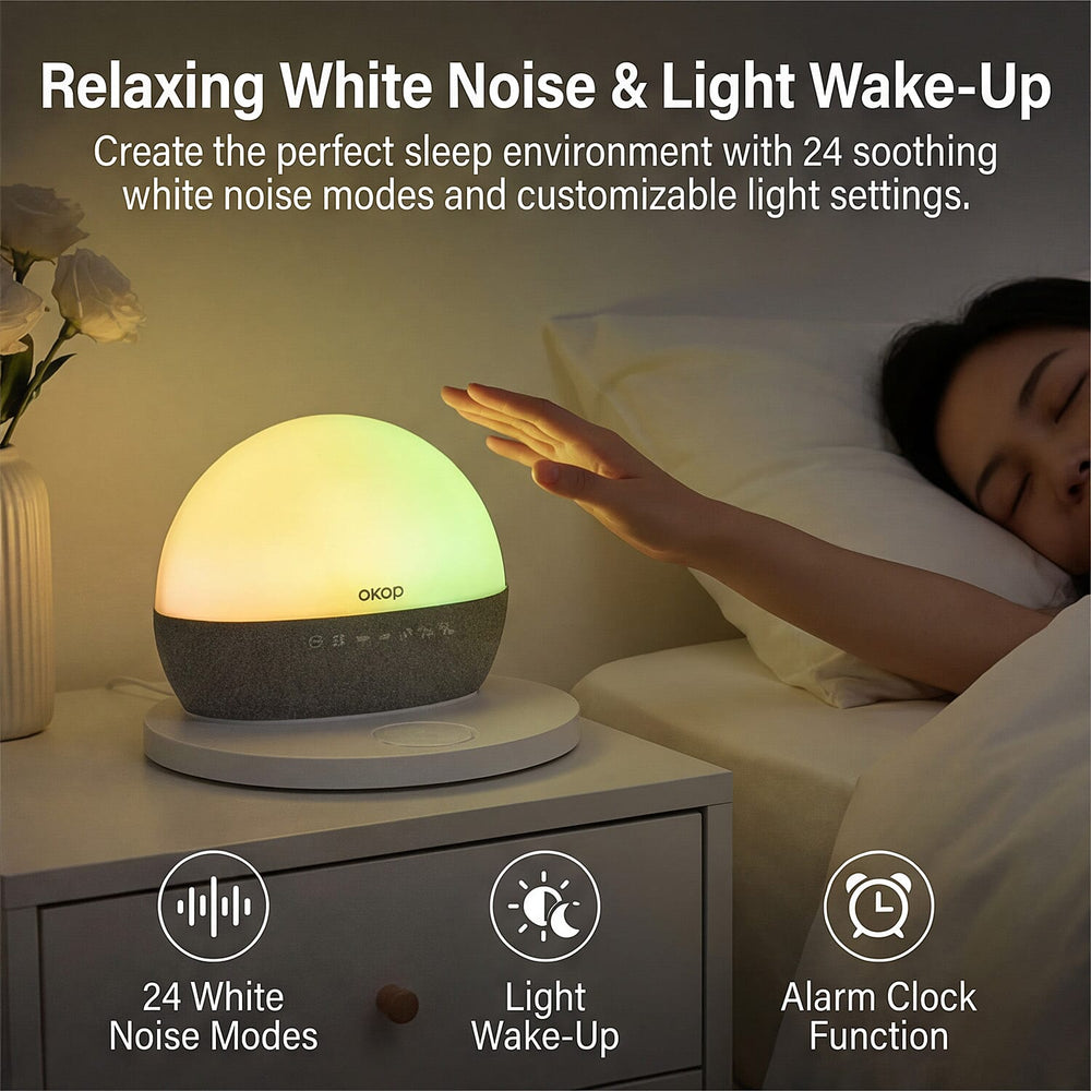 Wireless White Noise Sleep Aid Hub - Wireless Charging, Surround Sound Speakers, RGB Light Feature, FM Radio, Alarm Clock - White
