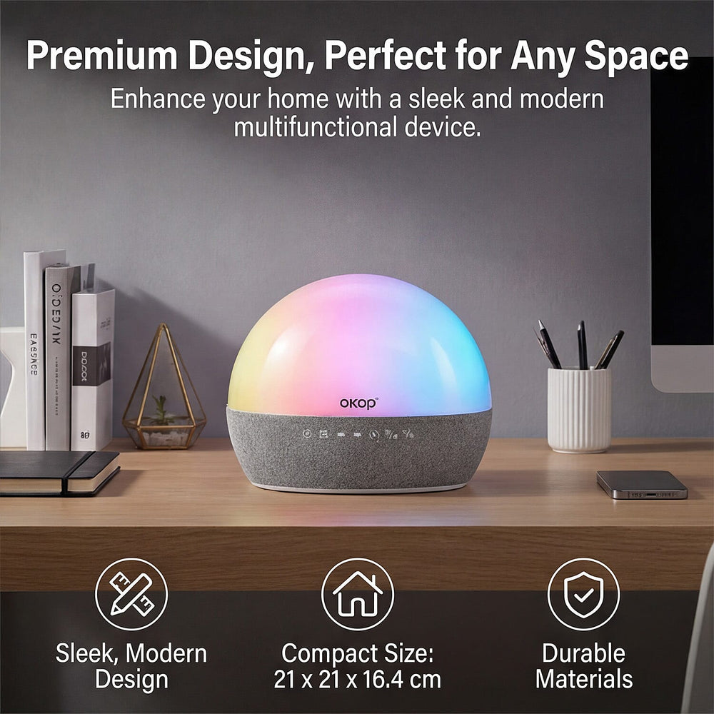 Wireless White Noise Sleep Aid Hub - Wireless Charging, Surround Sound Speakers, RGB Light Feature, FM Radio, Alarm Clock - White