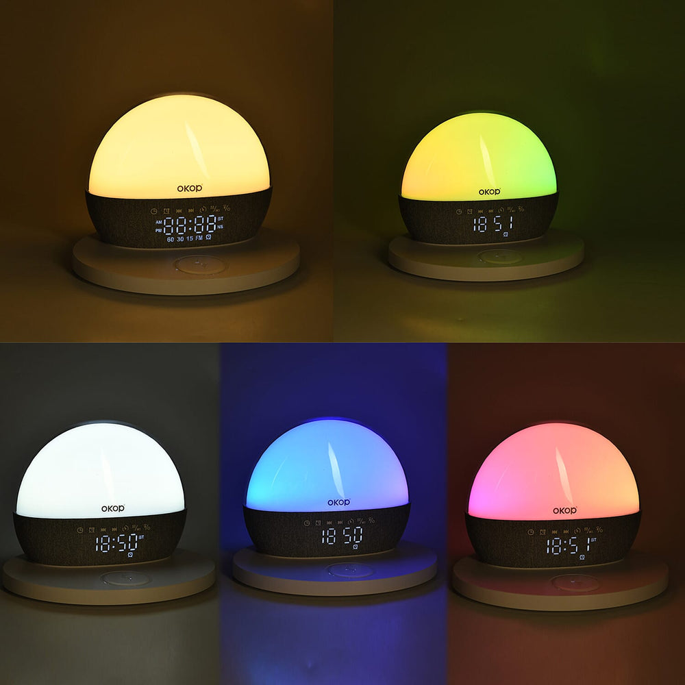 Wireless White Noise Sleep Aid Hub - Wireless Charging, Surround Sound Speakers, RGB Light Feature, FM Radio, Alarm Clock - White