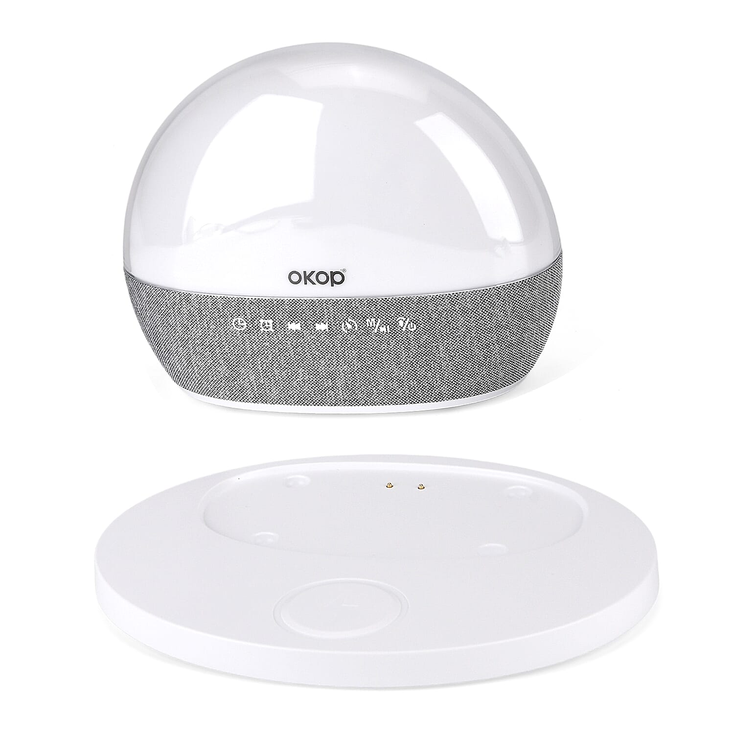 Wireless White Noise Sleep Aid Hub - Wireless Charging, Surround Sound Speakers, RGB Light Feature, FM Radio, Alarm Clock - White