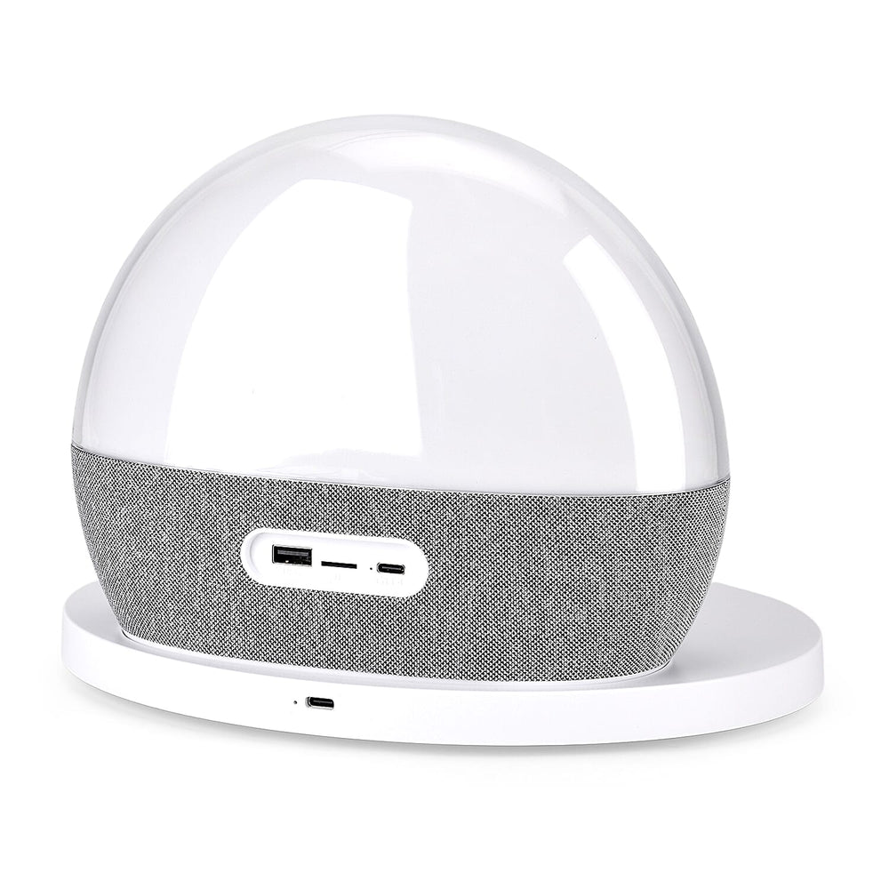 Wireless White Noise Sleep Aid Hub - Wireless Charging, Surround Sound Speakers, RGB Light Feature, FM Radio, Alarm Clock - White