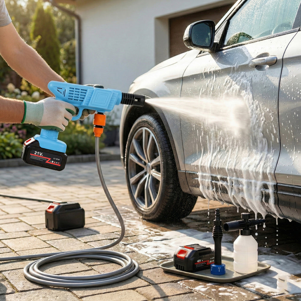 Cordless High-Power Pressure Washer - 260W Portable Jet Wash with 2x 6000mAh Batteries, 5m Hose & Foam Pot Cleaning Kit - Blue_8414570_1