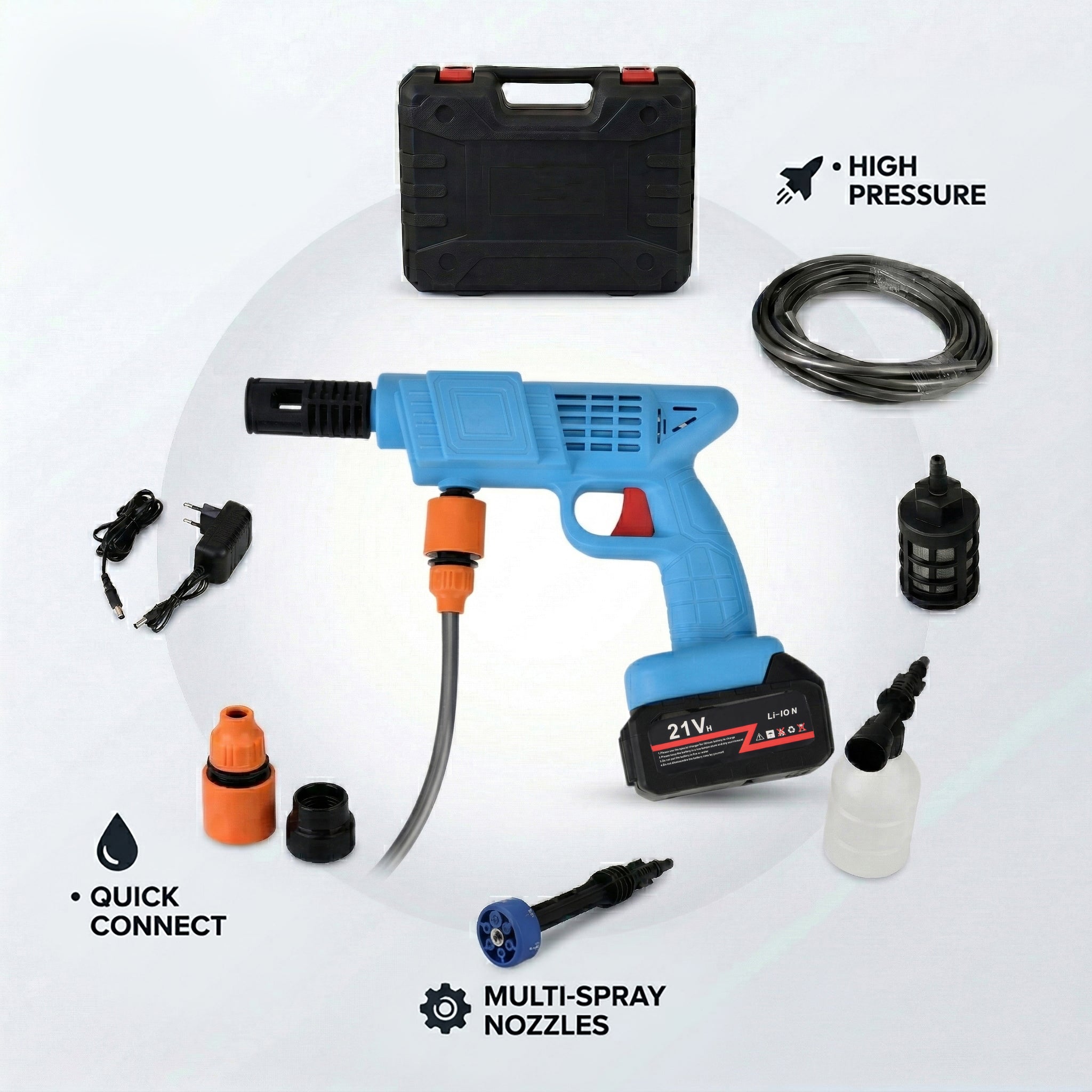 Cordless High-Power Pressure Washer - 260W Portable Jet Wash with 2x 6000mAh Batteries, 5m Hose & Foam Pot Cleaning Kit - Blue_8414570_2