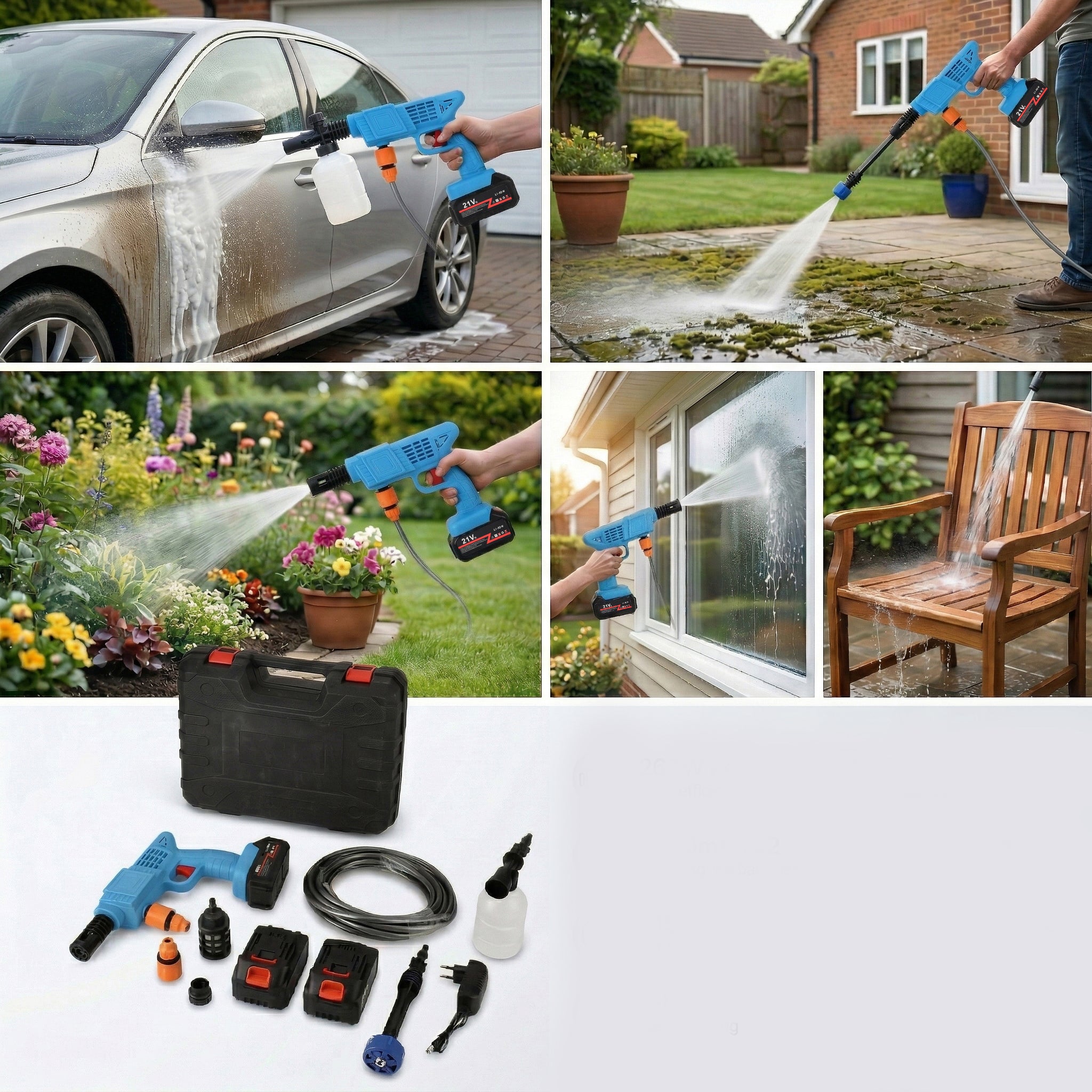 Cordless High-Power Pressure Washer - 260W Portable Jet Wash with 2x 6000mAh Batteries, 5m Hose & Foam Pot Cleaning Kit - Blue_8414570_3