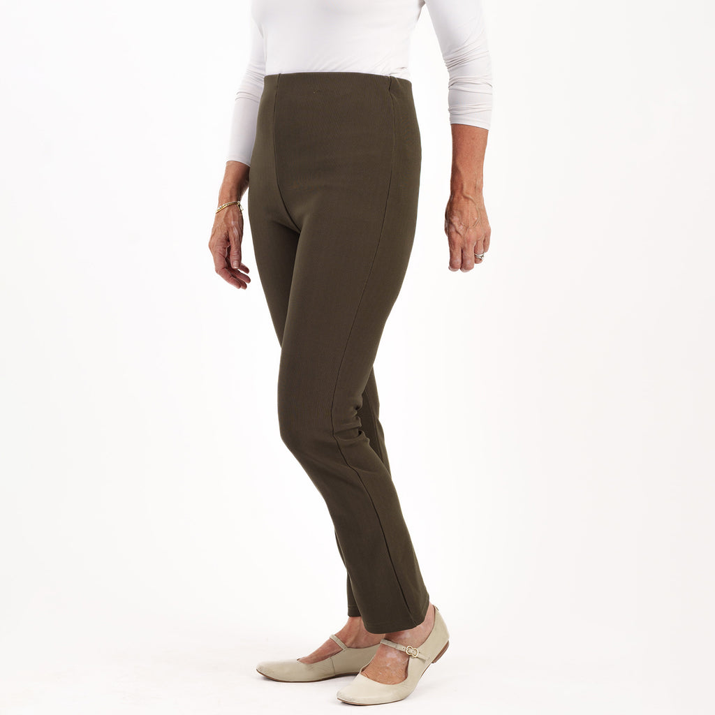 Sugar Crisp Ladies Fine Ribbed Stretch Bootleg Trousers With 27Inch Inside Leg (Size 14) - Olive Green_8415622_1