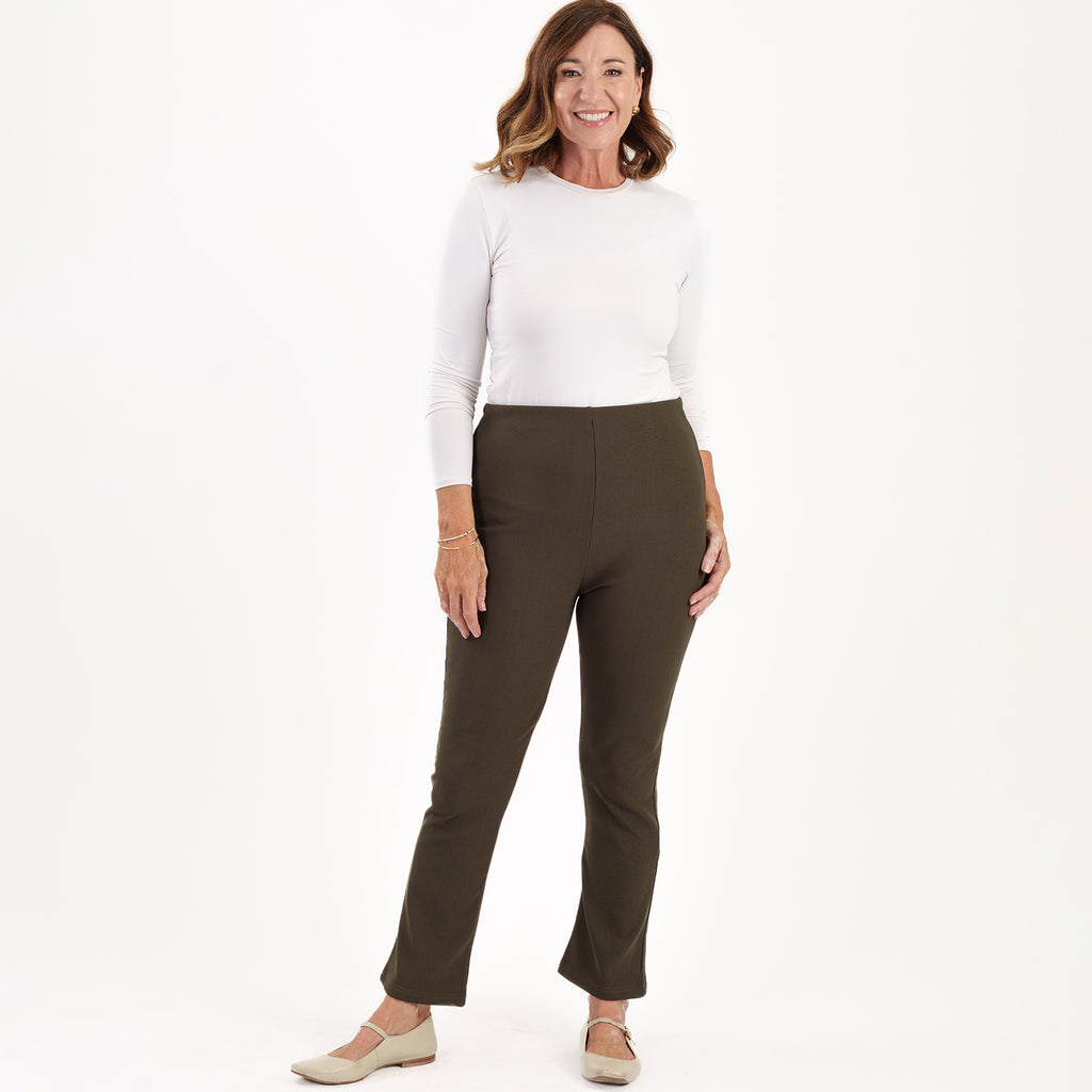 Sugar Crisp Ladies Fine Ribbed Stretch Bootleg Trousers With 27Inch Inside Leg (Size 14) - Olive Green_8415622_3