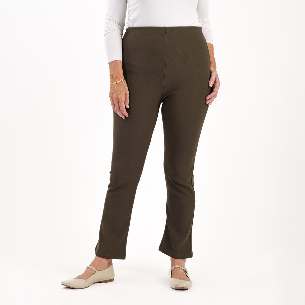 Sugar Crisp Ladies Fine Ribbed Stretch Bootleg Trousers With 27Inch Inside Leg (Size 16) - Olive Green_8415623
