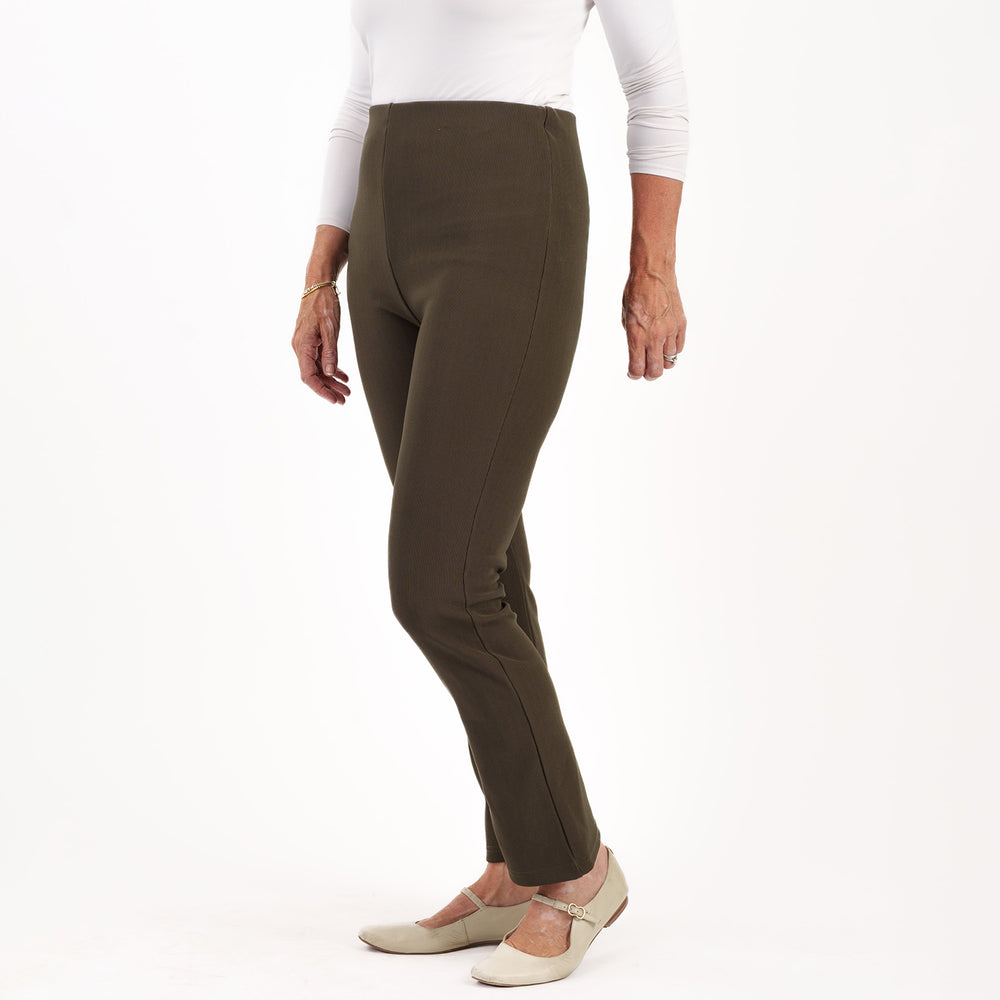 Sugar Crisp Ladies Fine Ribbed Stretch Bootleg Trousers With 27Inch Inside Leg (Size 16) - Olive Green_8415623_1