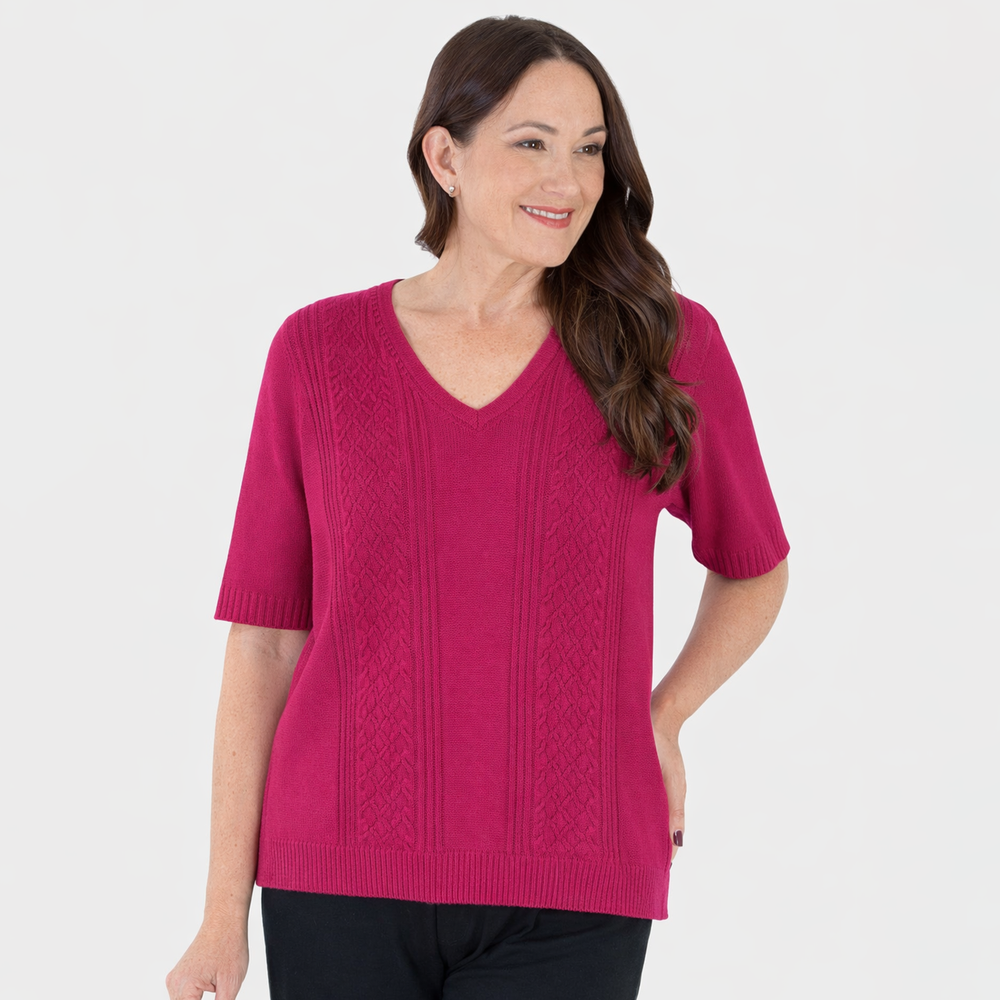 Sugar Crisp Supersoft Half-Sleeve V-Neck knit Top (Size L) - Fuschia_8415663