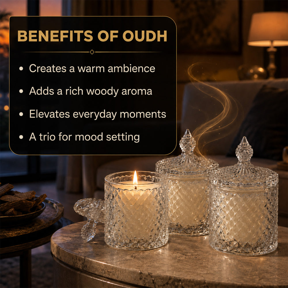 Bliss & Beyond Set of 3 Glass Jar Scented Candles (120g, 7 x 7cm) - Black Oudh, Oudh Royal & Amber Oudh_8415687_1