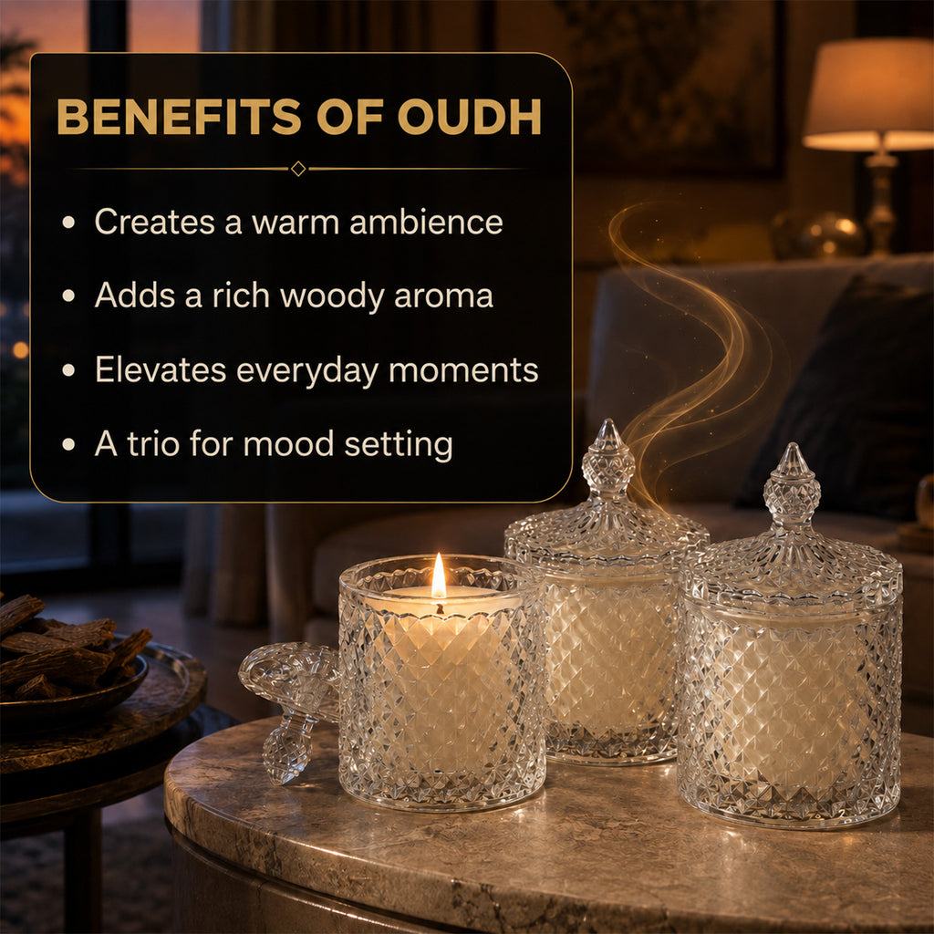 Bliss & Beyond Set of 3 Glass Jar Scented Candles (120g, 7 x 7cm) - Black Oudh, Oudh Royal & Amber Oudh_8415687_1