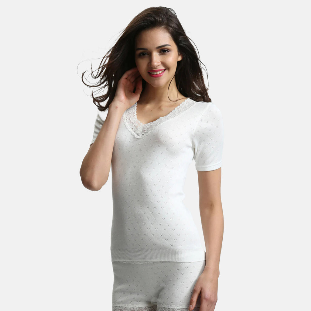 Palm Underwear British Made Supersoft Classic Lace Trim Short Sleeve Thermal Top (Size - L) - Ivory_8416318_1