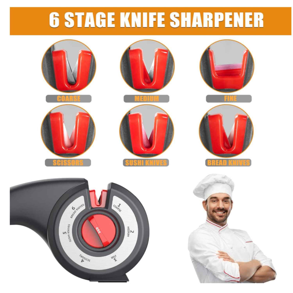 6-in-1 Multifunction Manual Knife Sharpener (185 x 44 x 93 mm) - Black