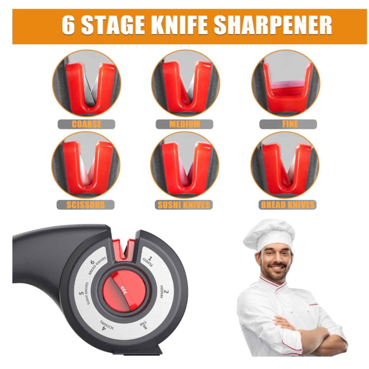6-in-1 Multifunction Knife Sharpener with Ergonomic Handle & Non-Slip Base