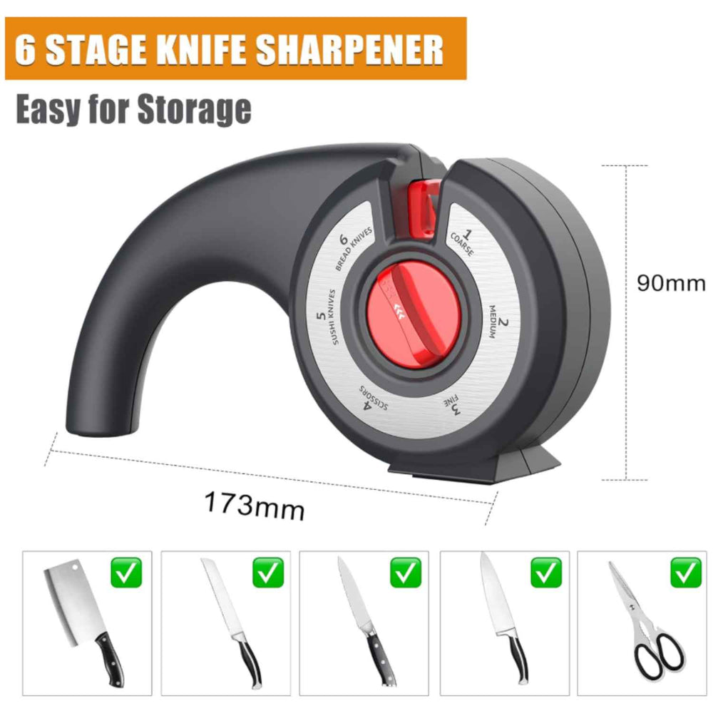 6-in-1 Multifunction Manual Knife Sharpener (185 x 44 x 93 mm) - Black