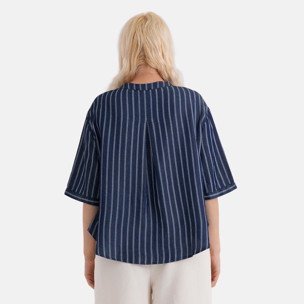 La Marey Striped Lyocell Denim Smock Top (Size S, 8 to 10) - Dark Blue_8421544_2