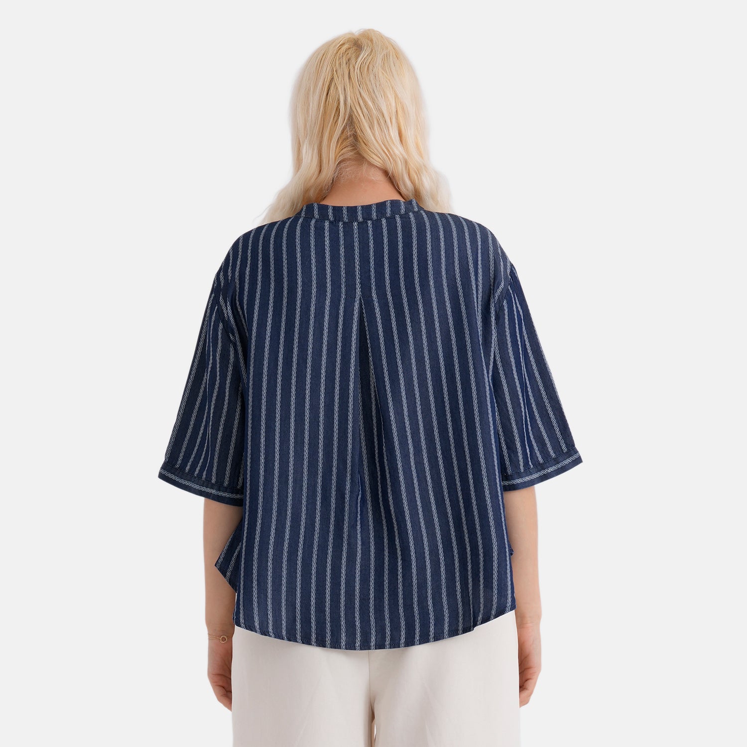 La Marey Striped Lyocell Denim Smock Top (Size M, 12 to 14) - Dark Blue_8421545_2