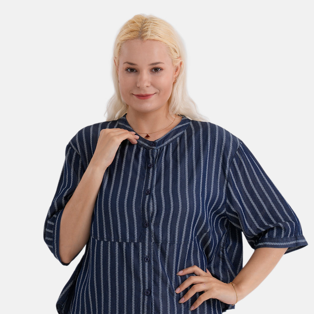 La Marey Striped Lyocell Denim Smock Top (Size M, 12 to 14) - Dark Blue_8421545_5