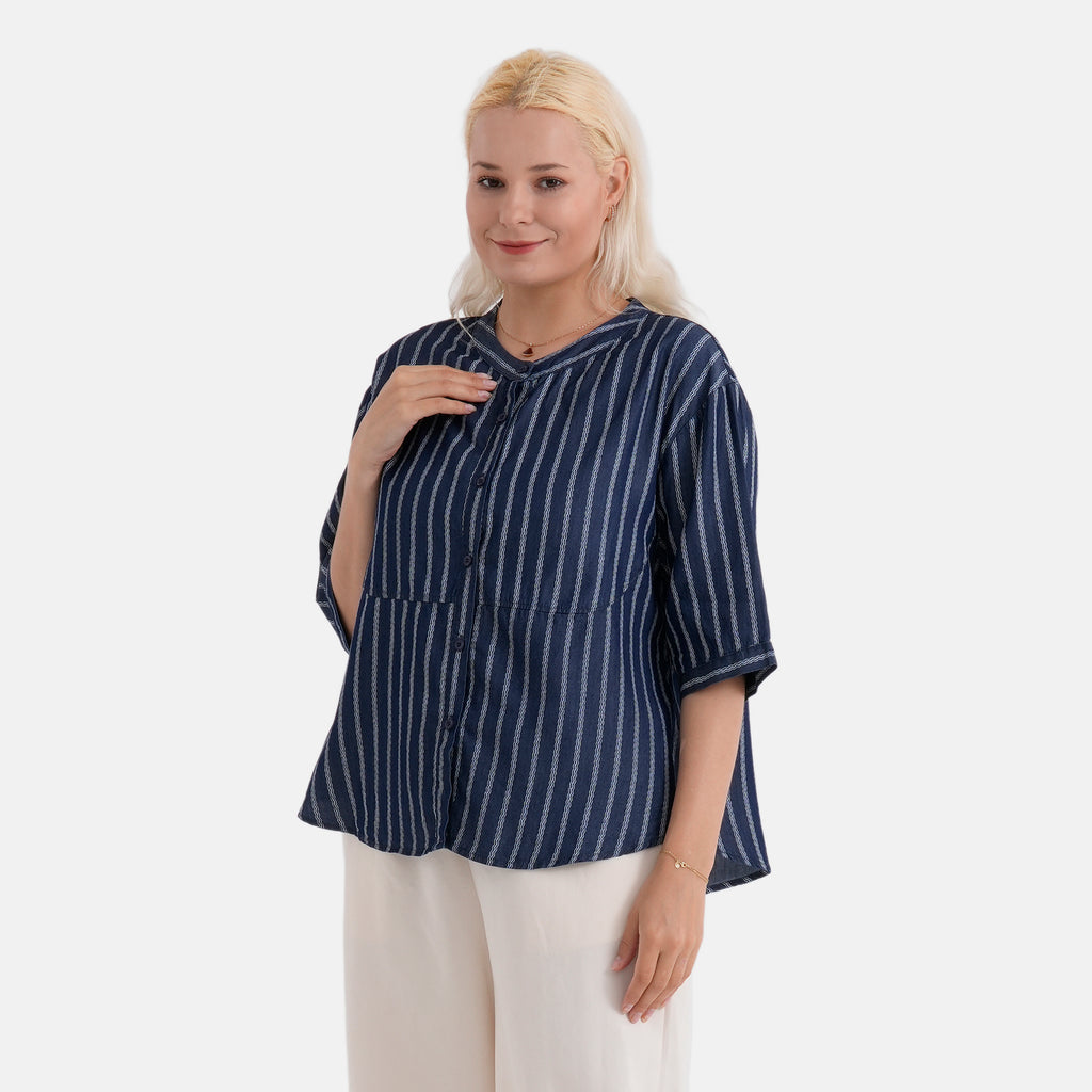 La Marey Striped Lyocell Denim Smock Top (Size XL, 20 to 22) - Dark Blue_8421547