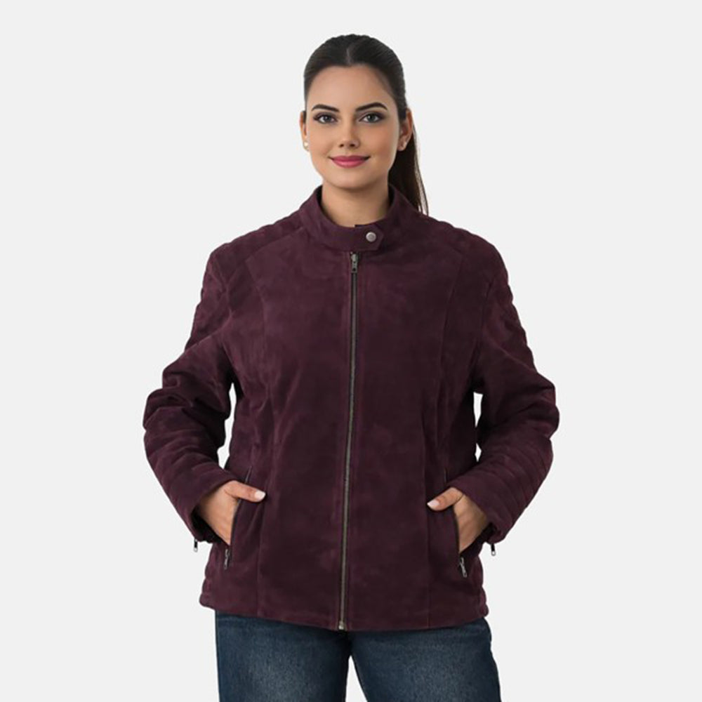 Valissiere Womens Genuine Leather Suede Bomber Jacket With Shoulder Quilting And Structured Fit (Size 12) - Maroon_8422262
