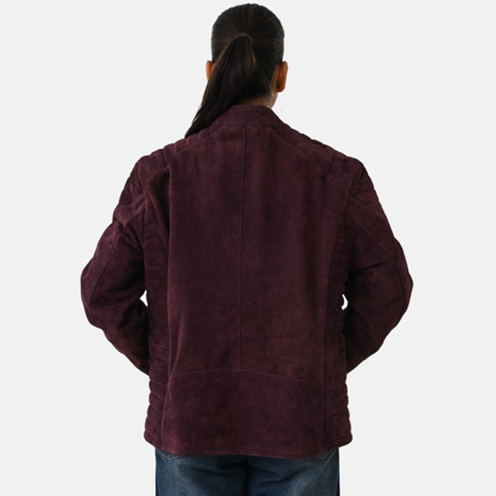 Valissiere Womens Genuine Leather Suede Bomber Jacket With Shoulder Quilting And Structured Fit (Size 12) - Maroon_8422262_1