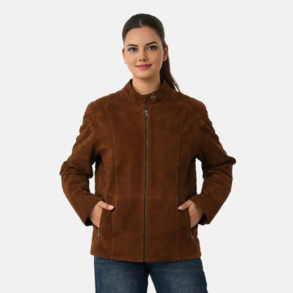 Valissiere Womens Genuine Leather Suede Bomber Jacket With Shoulder Quilting And Structured Fit (Size 16) - Brown_8422310