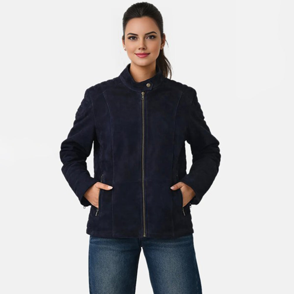 Valissiere Womens Genuine Leather Suede Bomber Jacket With Shoulder Quilting And Structured Fit (Size 18) - Blue_8422322
