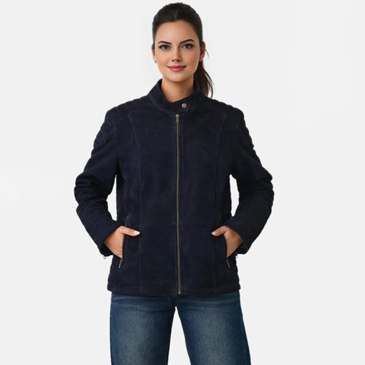 Valissiere Womens Genuine Leather Suede Bomber Jacket With Shoulder Quilting And Structured Fit (Size 18) - Blue_8422322