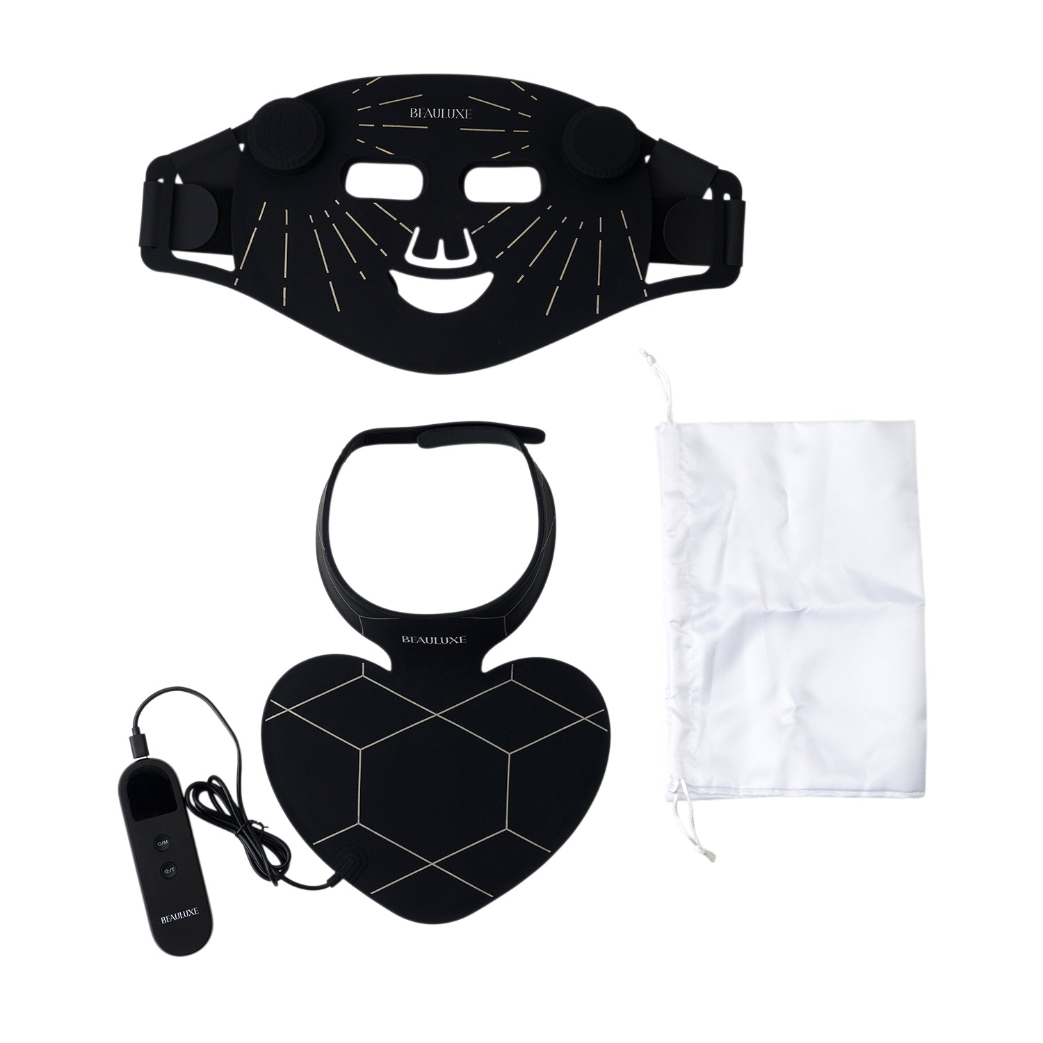 "Beauluxe 64pcs lights Facial mask with 7 colors + 73pcs light Neck mask with 7 colors- black wiith golden line                                                  wavelengths: 660nm+850nm+520nm+470nm_8427581