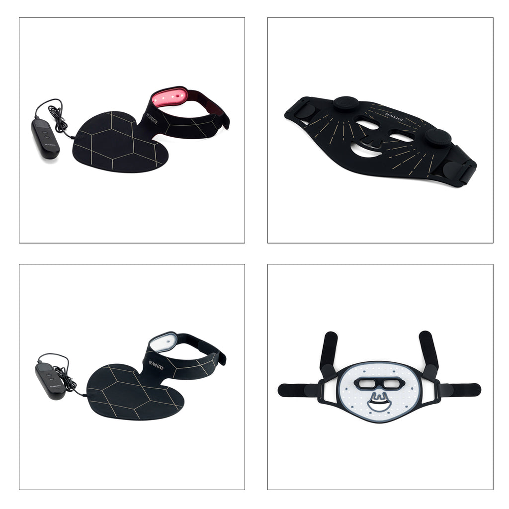 "Beauluxe 64pcs lights Facial mask with 7 colors + 73pcs light Neck mask with 7 colors- black wiith golden line                                                  wavelengths: 660nm+850nm+520nm+470nm_8427581_1