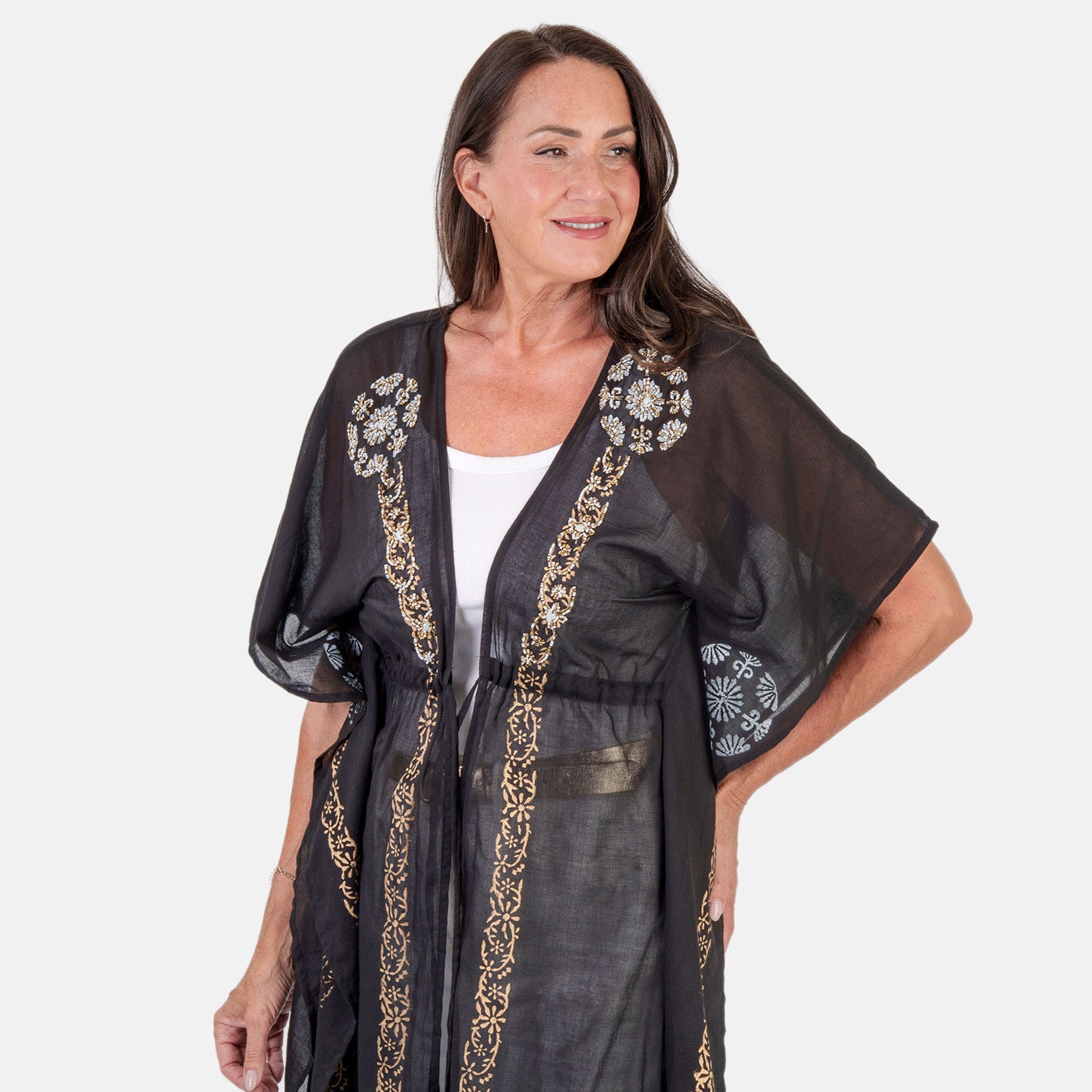 & Maisi Cotton Embroidery Kaftan (Size - One Size) - Black_8430989_1