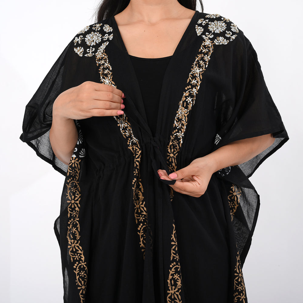& Maisi Cotton Embroidery Kaftan (Size - One Size) - Black_8430989_4