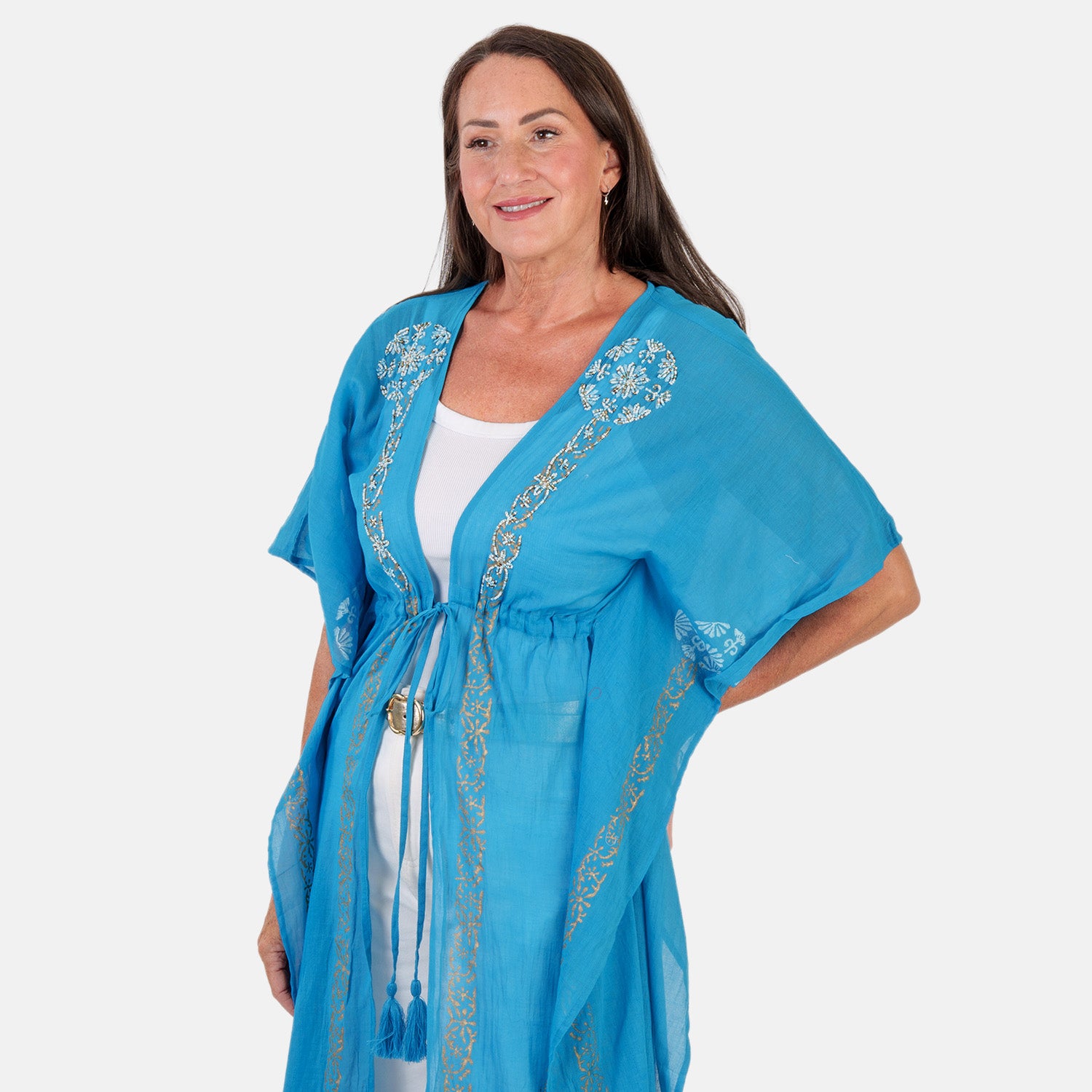 & Maisi Cotton Embroidery Kaftan (Size - One Size) - Blue_8430990_1