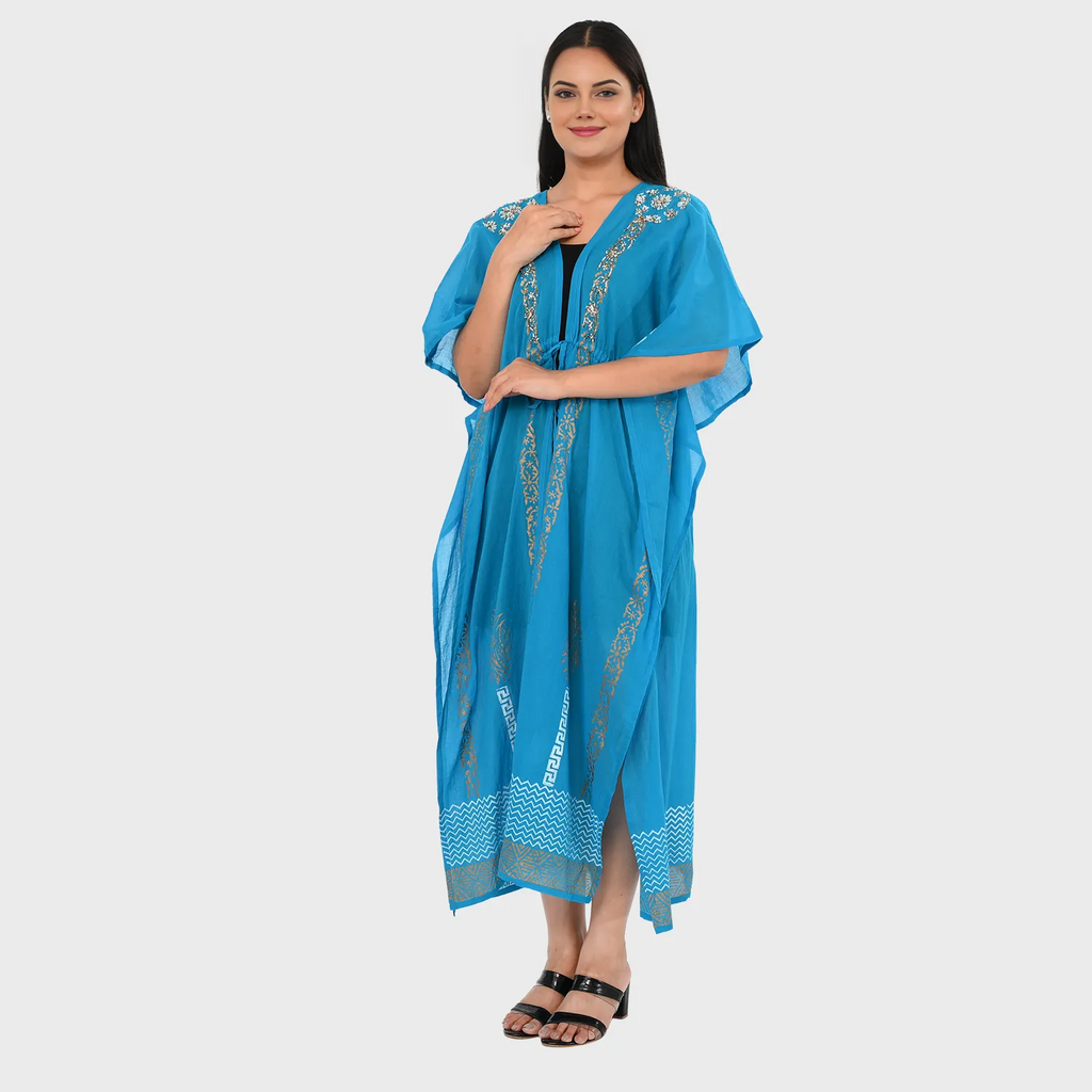 & Maisi Cotton Embroidery Kaftan (Size - One Size) - Blue_8430990_1