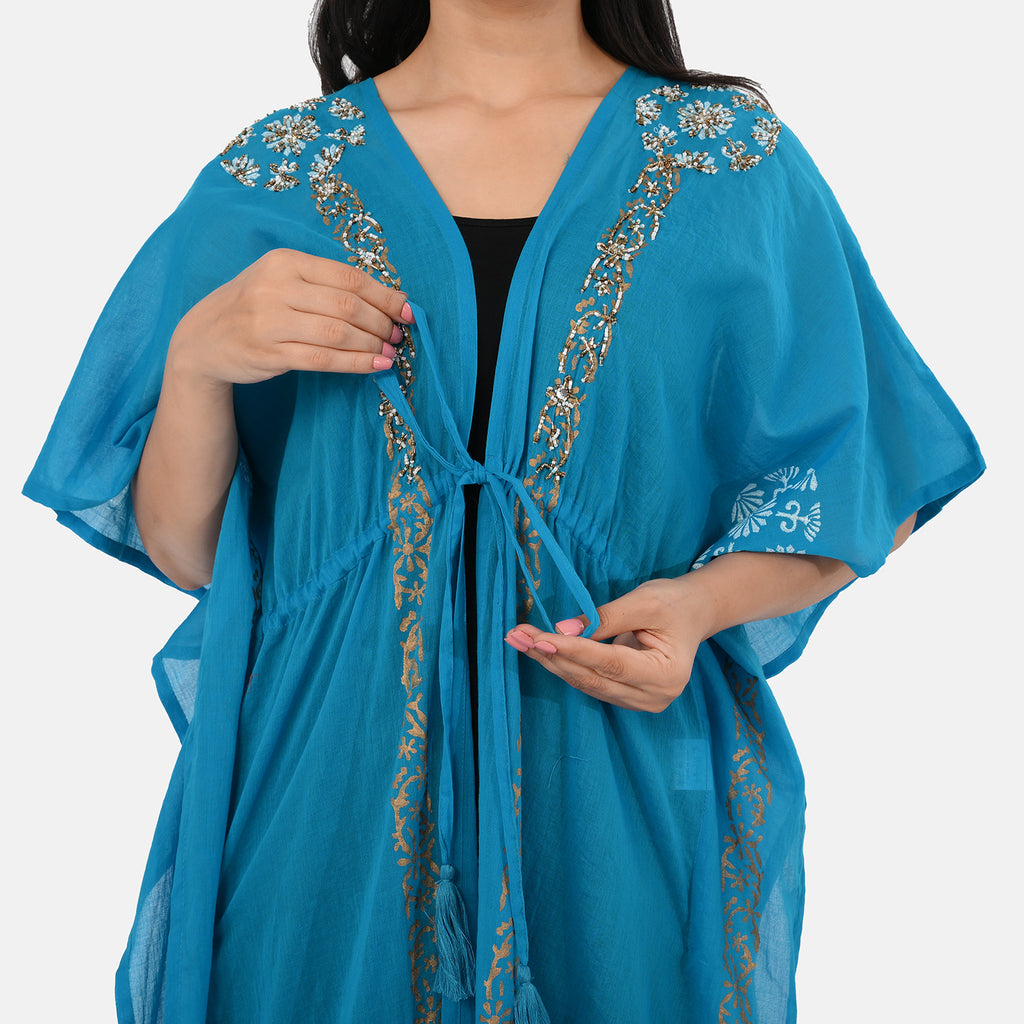 & Maisi Cotton Embroidery Kaftan (Size - One Size) - Blue_8430990_4