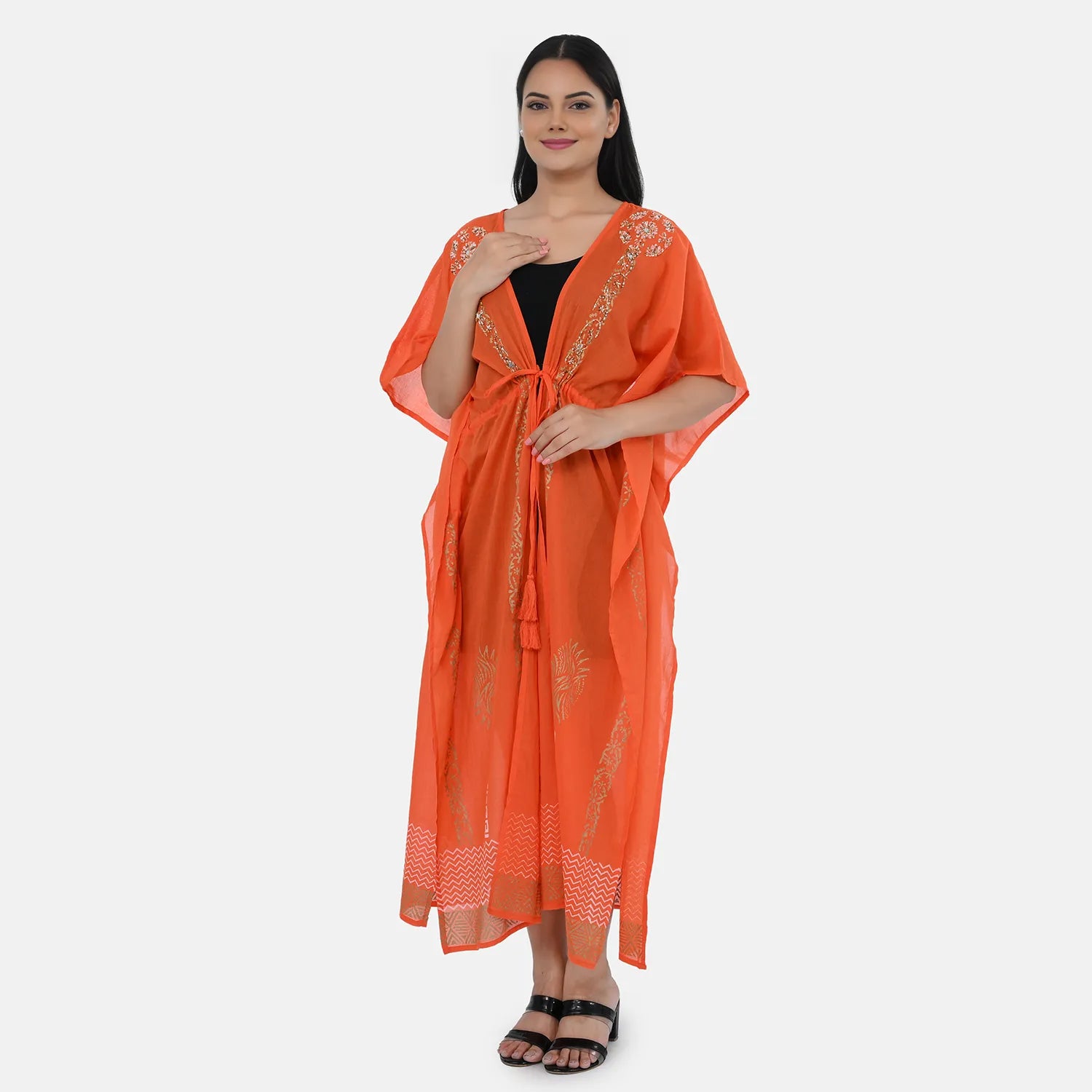 & Maisi Cotton Embroidery Kaftan (Size - One Size) - Orange_8430991_1