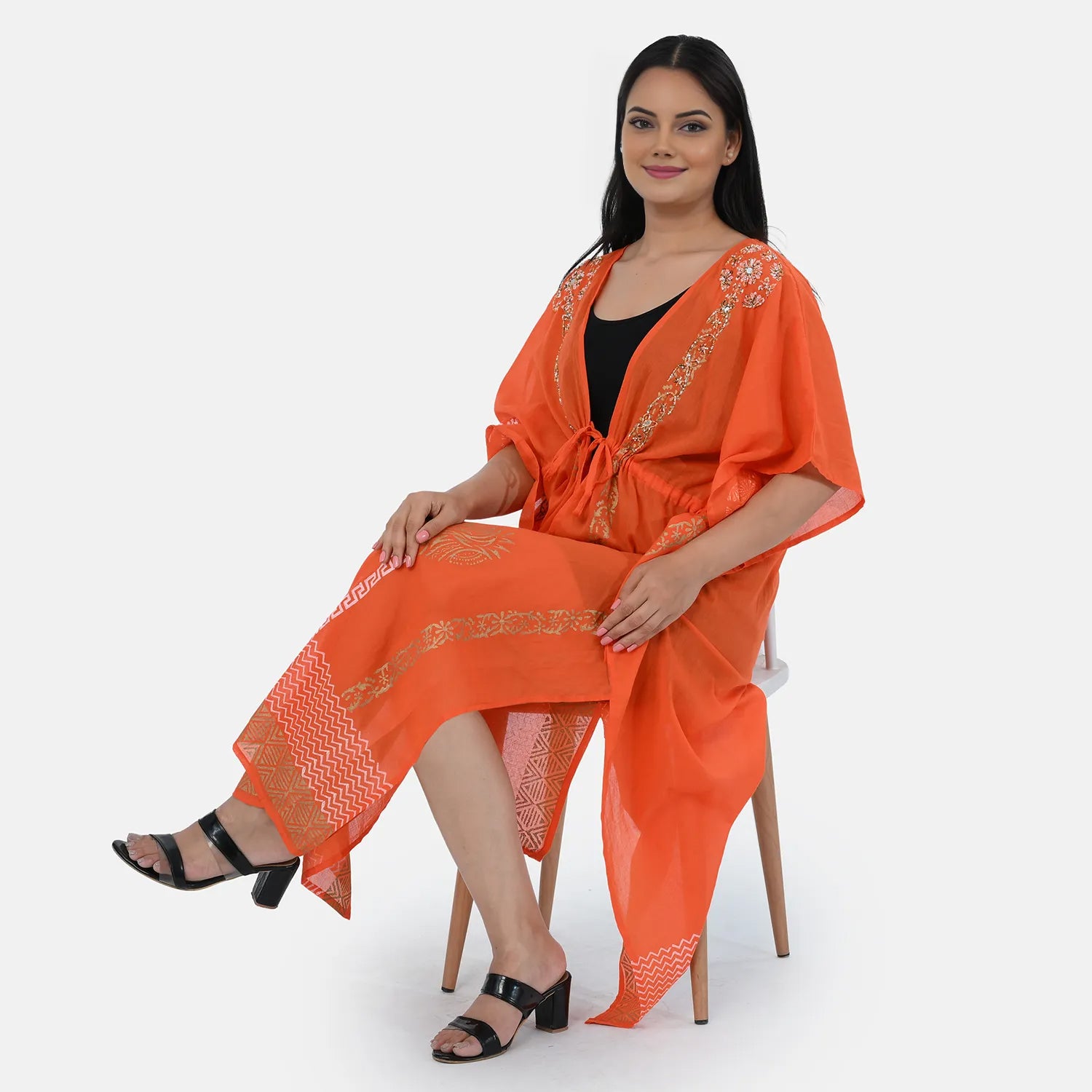 & Maisi Cotton Embroidery Kaftan (Size - One Size) - Orange_8430991_3