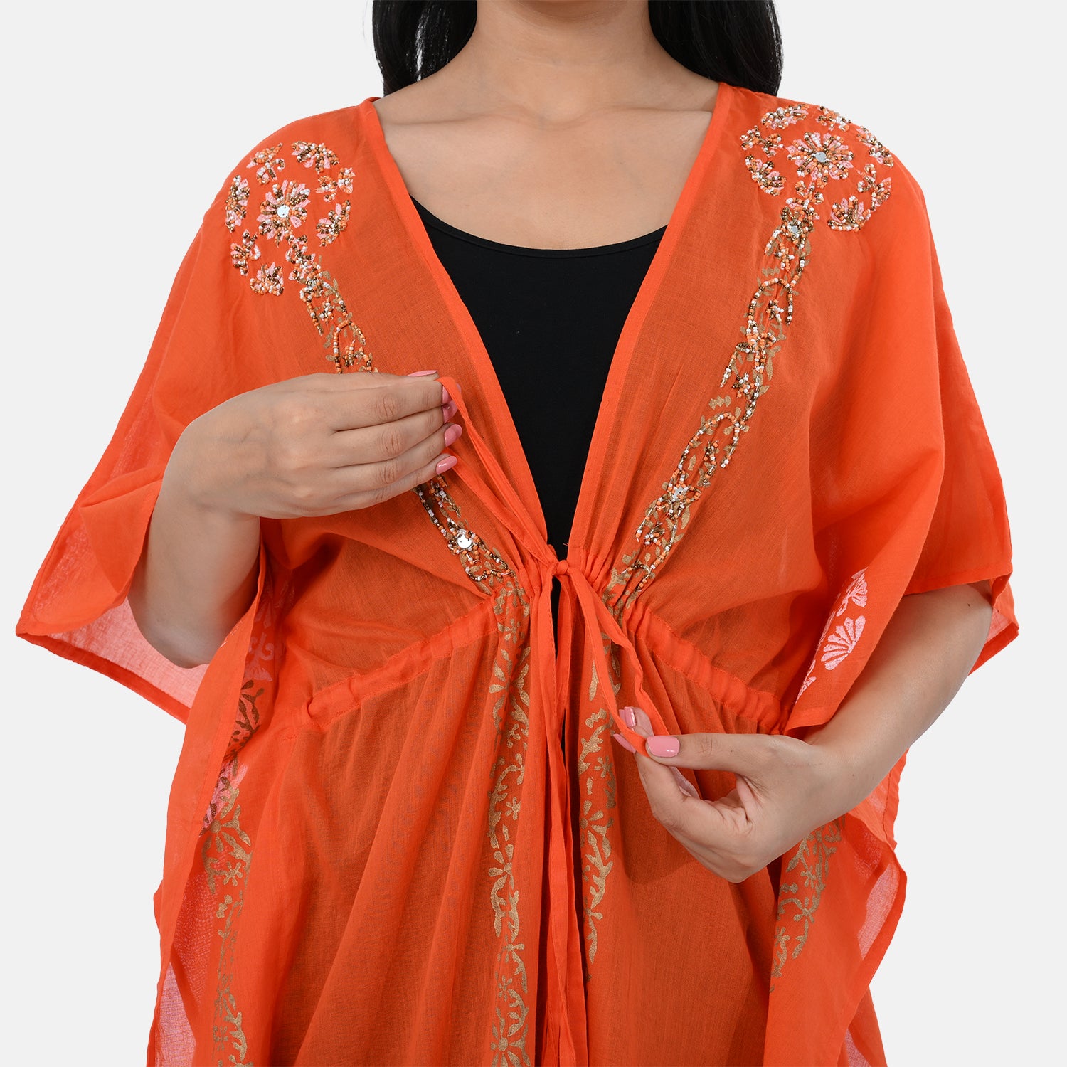 & Maisi Cotton Embroidery Kaftan (Size - One Size) - Orange_8430991_4