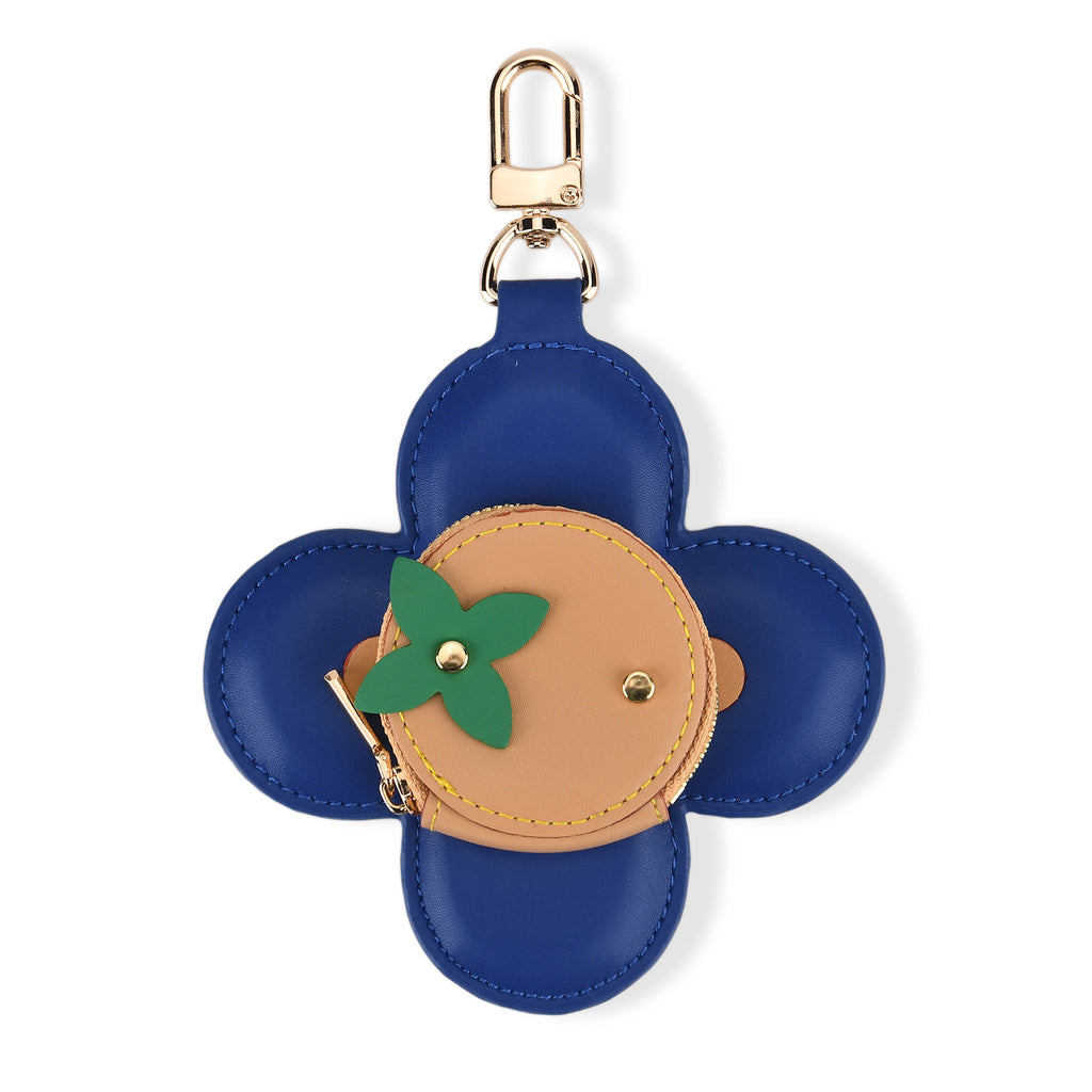 Genuine Leather Flower Coin Purse & Keychain Bag Charm - Zipped Mini Coin Purse - Blue & Khaki_8433287