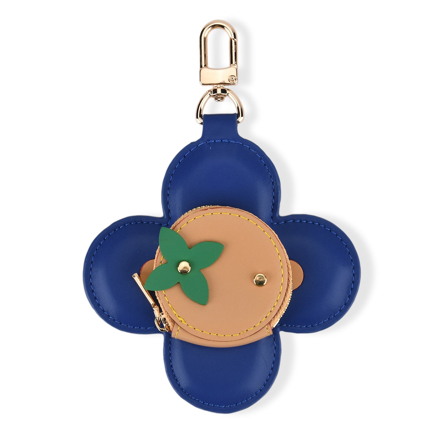 Genuine Leather Flower Coin Purse & Keychain Bag Charm - Zipped Mini Coin Purse - Blue & Khaki_8433287