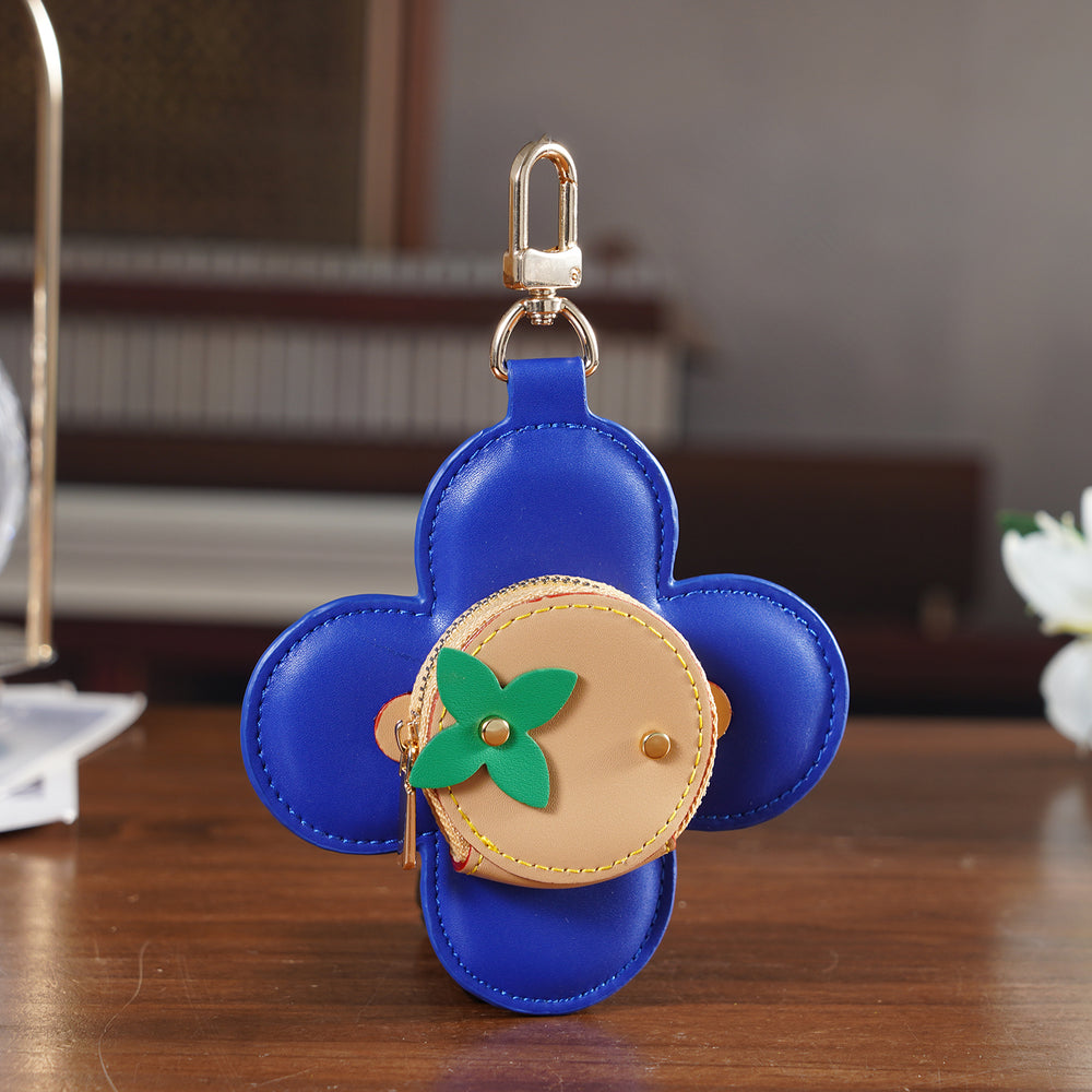 Genuine Leather Flower Coin Purse & Keychain Bag Charm - Zipped Mini Coin Purse - Blue & Khaki_8433287_1