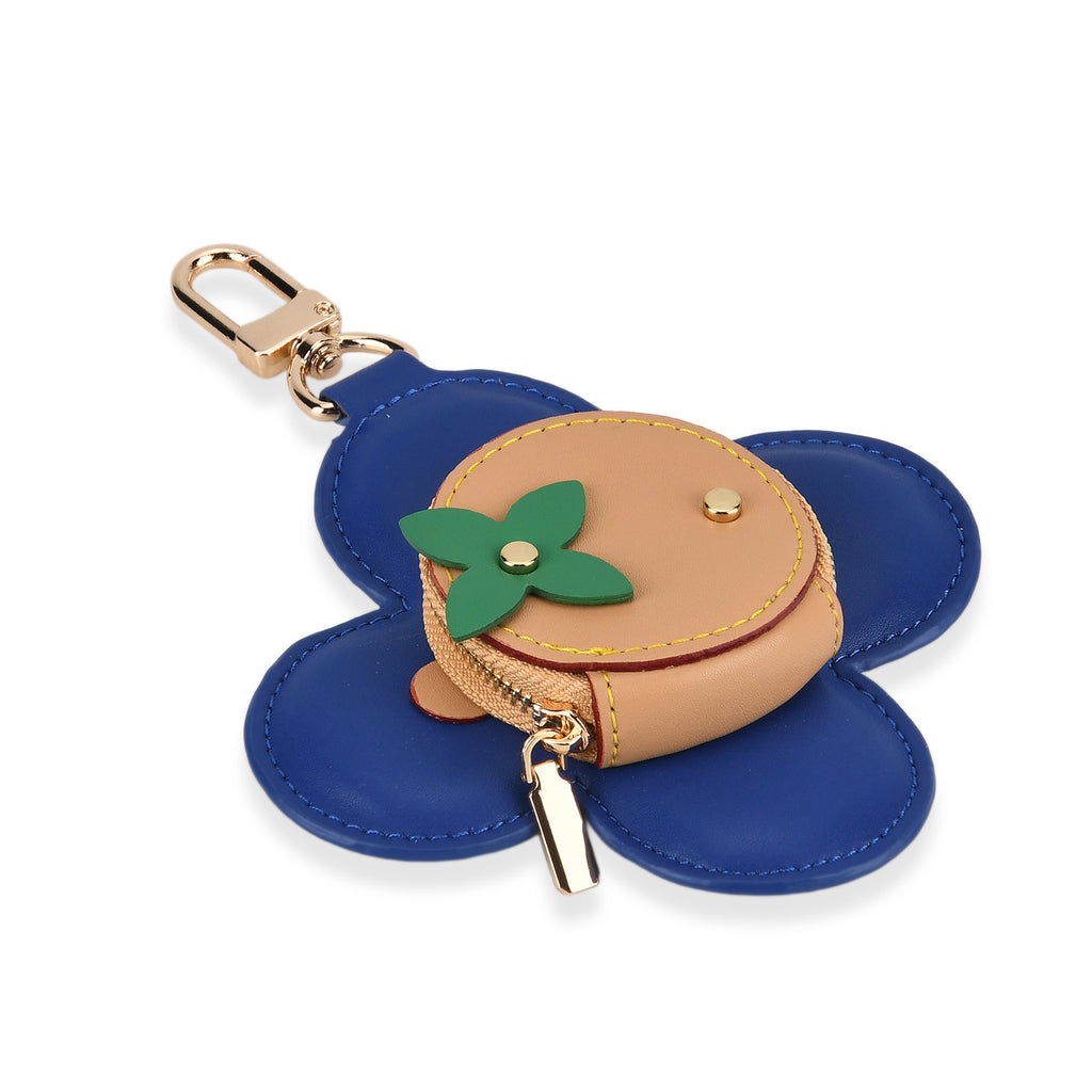 Genuine Leather Flower Coin Purse & Keychain Bag Charm - Zipped Mini Coin Purse - Blue & Khaki_8433287_2