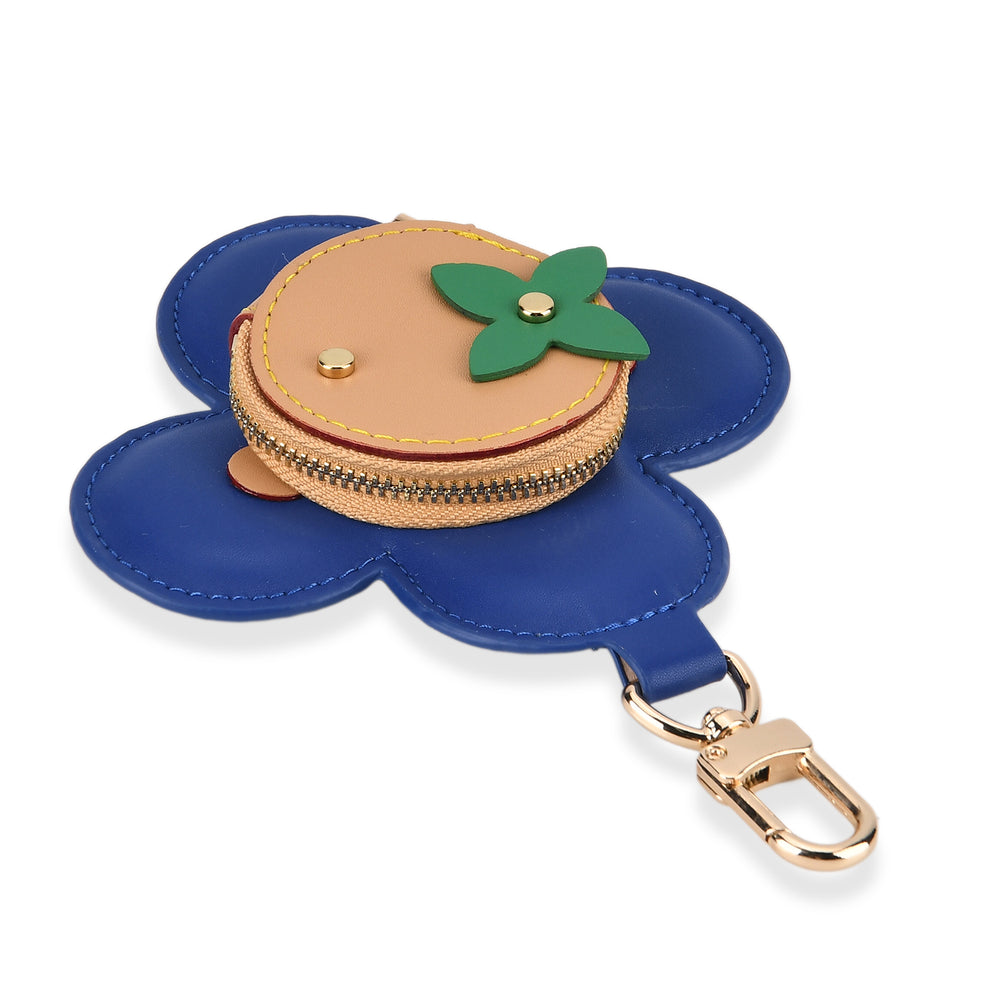 Genuine Leather Flower Coin Purse & Keychain Bag Charm - Zipped Mini Coin Purse - Blue & Khaki_8433287_3