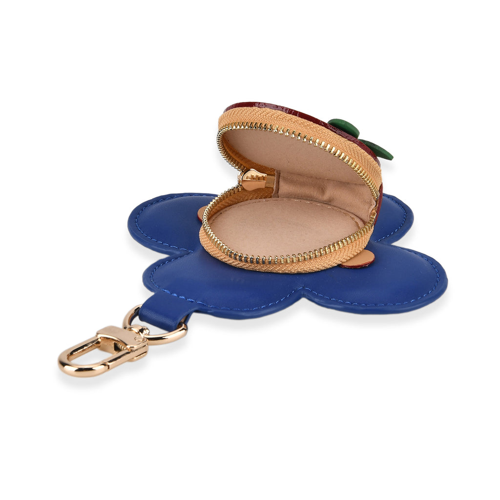 Genuine Leather Flower Coin Purse & Keychain Bag Charm - Zipped Mini Coin Purse - Blue & Khaki_8433287_4
