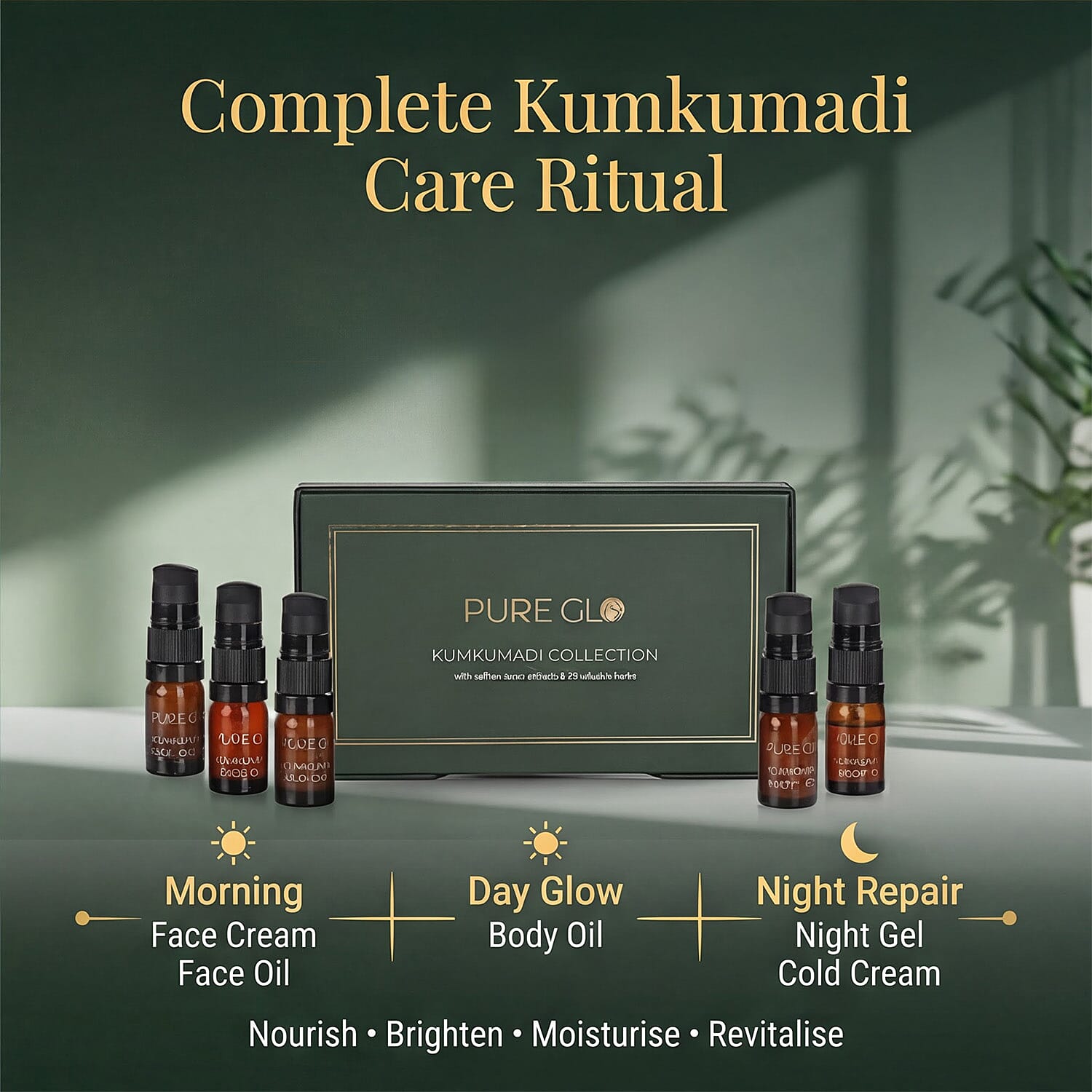 Pure Glo Discovery Set Of 5 Kumkumadi Gift Face Cream, Cold Cream, Night Gel, Body Oil - Face Oil - 5ml Each
