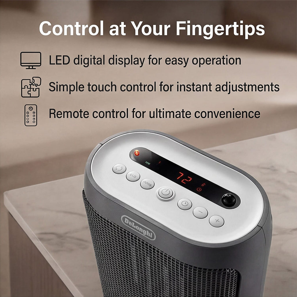 DeLonghi 2KW Capsule Twist Ceramic Heater - 2000W Remote Controlled LED Display 24 hour Timer - 29.4 cm height, 22.4 cm width, 14.2 cm depth, 1.9 kg