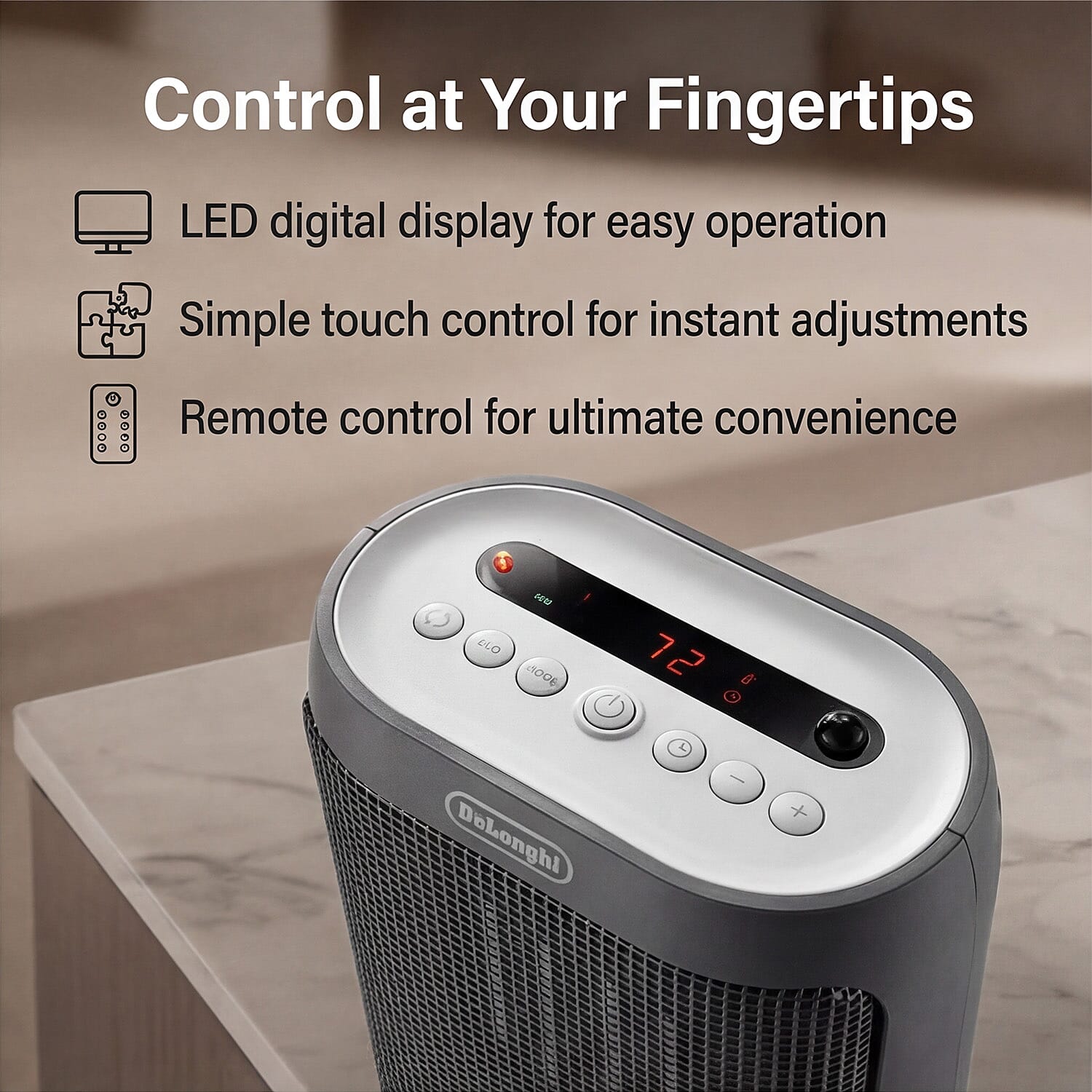 DeLonghi 2KW Capsule Twist Ceramic Heater - 2000W Remote Controlled LED Display 24 hour Timer - 29.4 cm height, 22.4 cm width, 14.2 cm depth, 1.9 kg